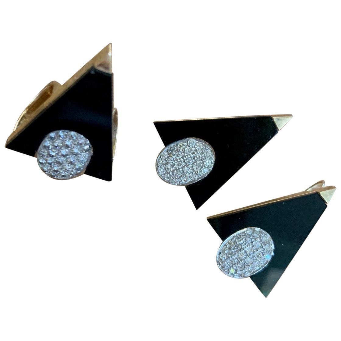 Modern Black Onyx and Diamond Earring and Pendant Set in White and Yellow Gold