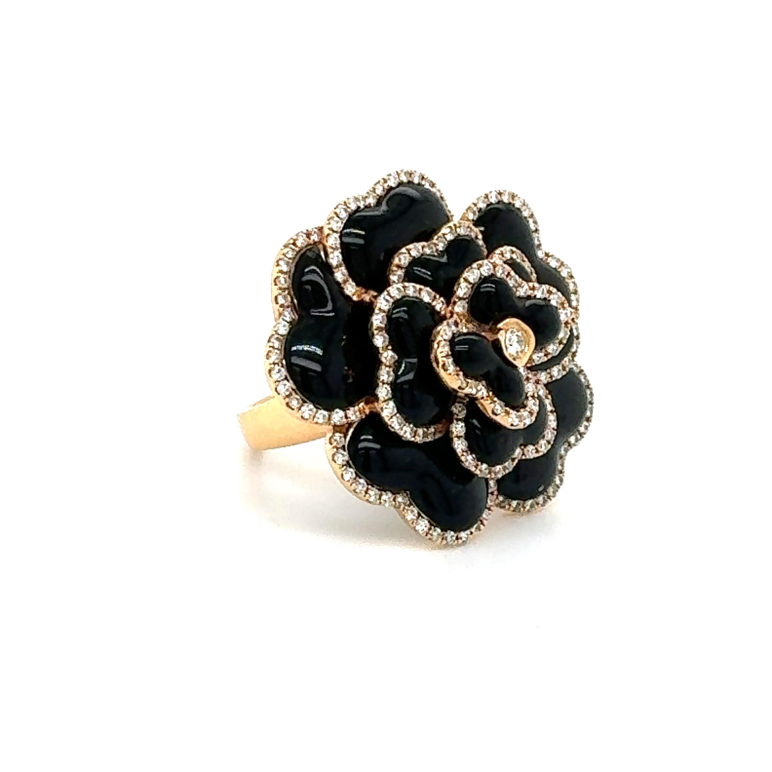 Round Cut Modern Black Onyx & Diamond Rose Flower 18k Rose Gold Cocktail Ring For Sale