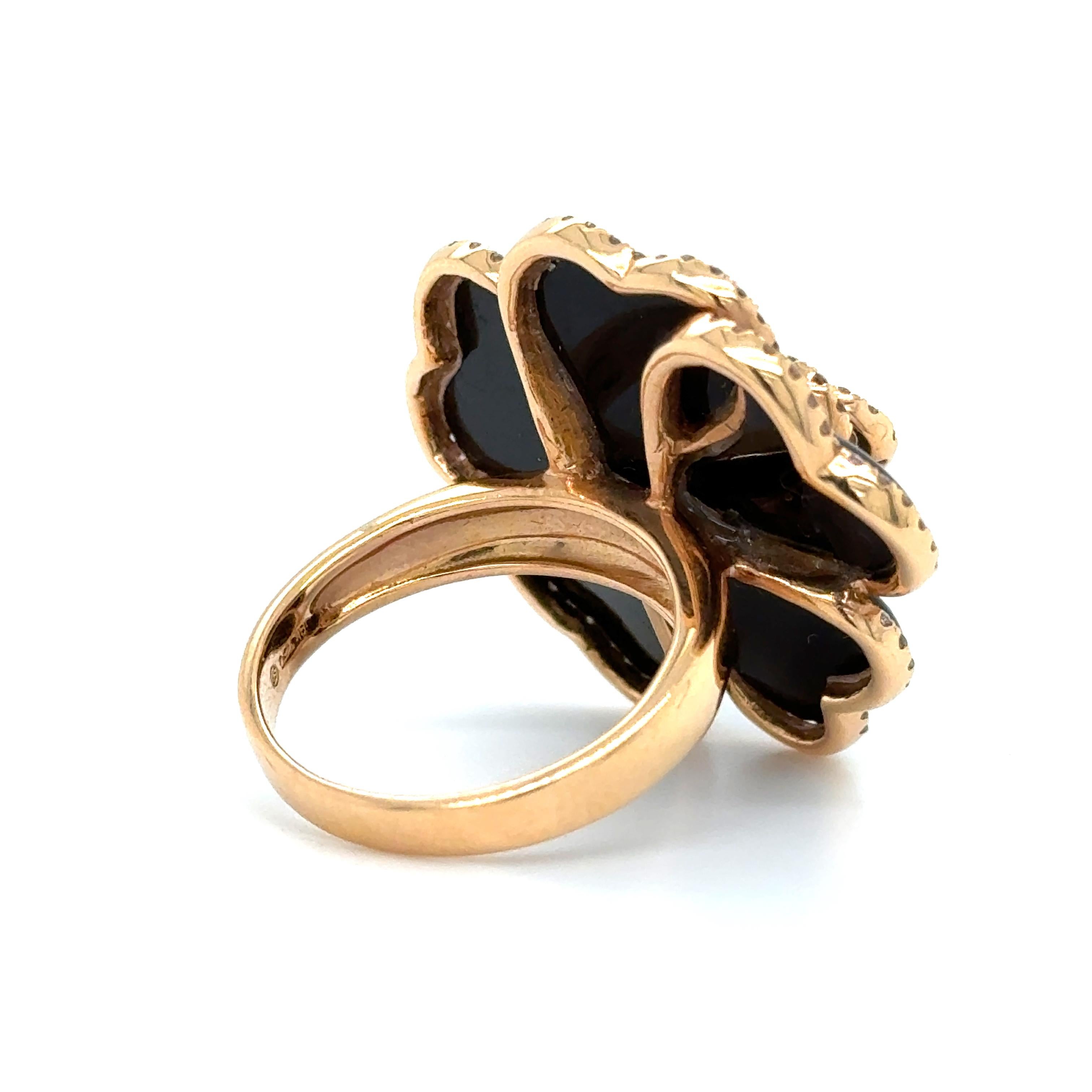 Modern Black Onyx & Diamond Rose Flower 18k Rose Gold Cocktail Ring In New Condition For Sale In MIAMI, FL