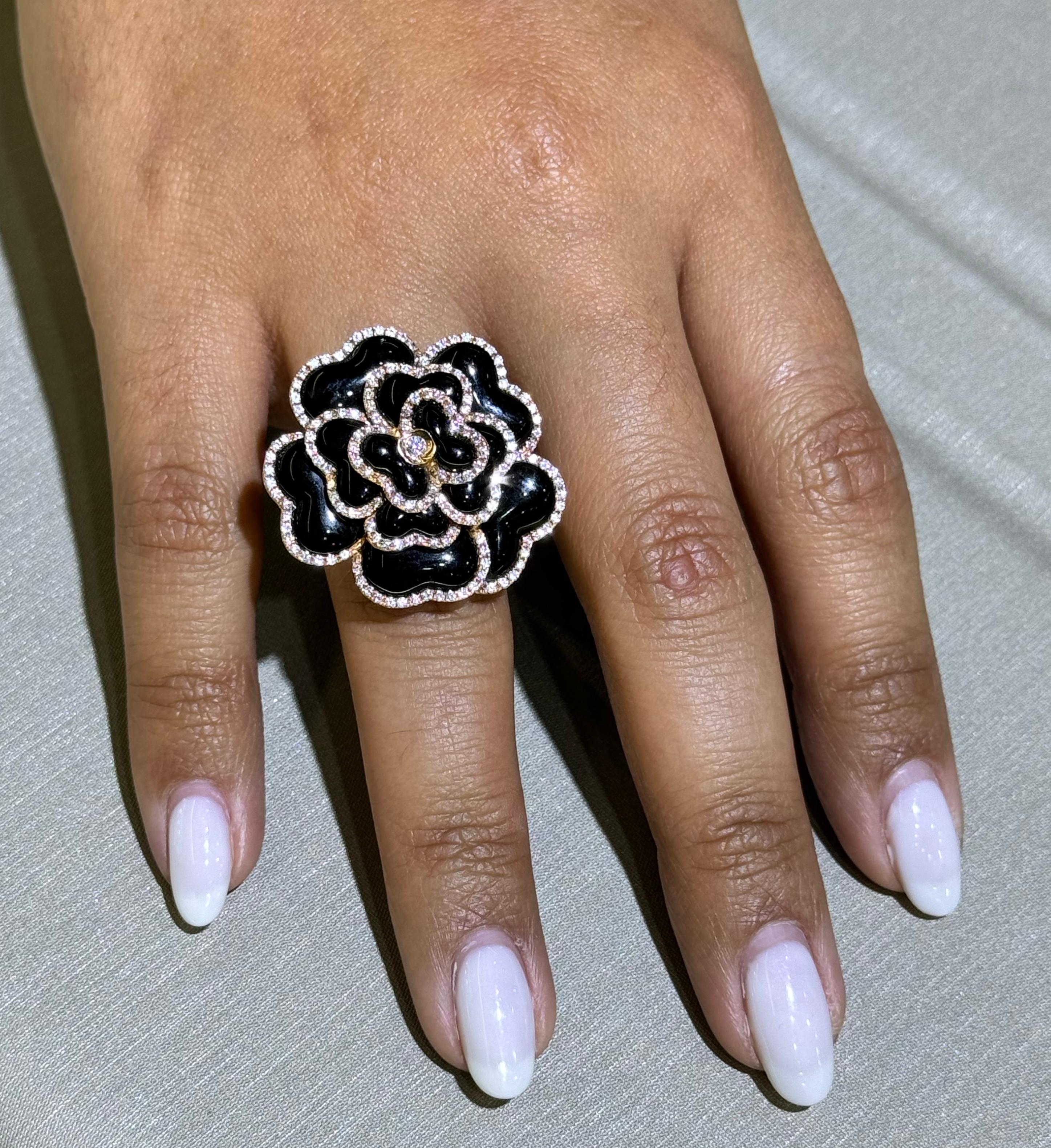 Women's Modern Black Onyx & Diamond Rose Flower 18k Rose Gold Cocktail Ring For Sale