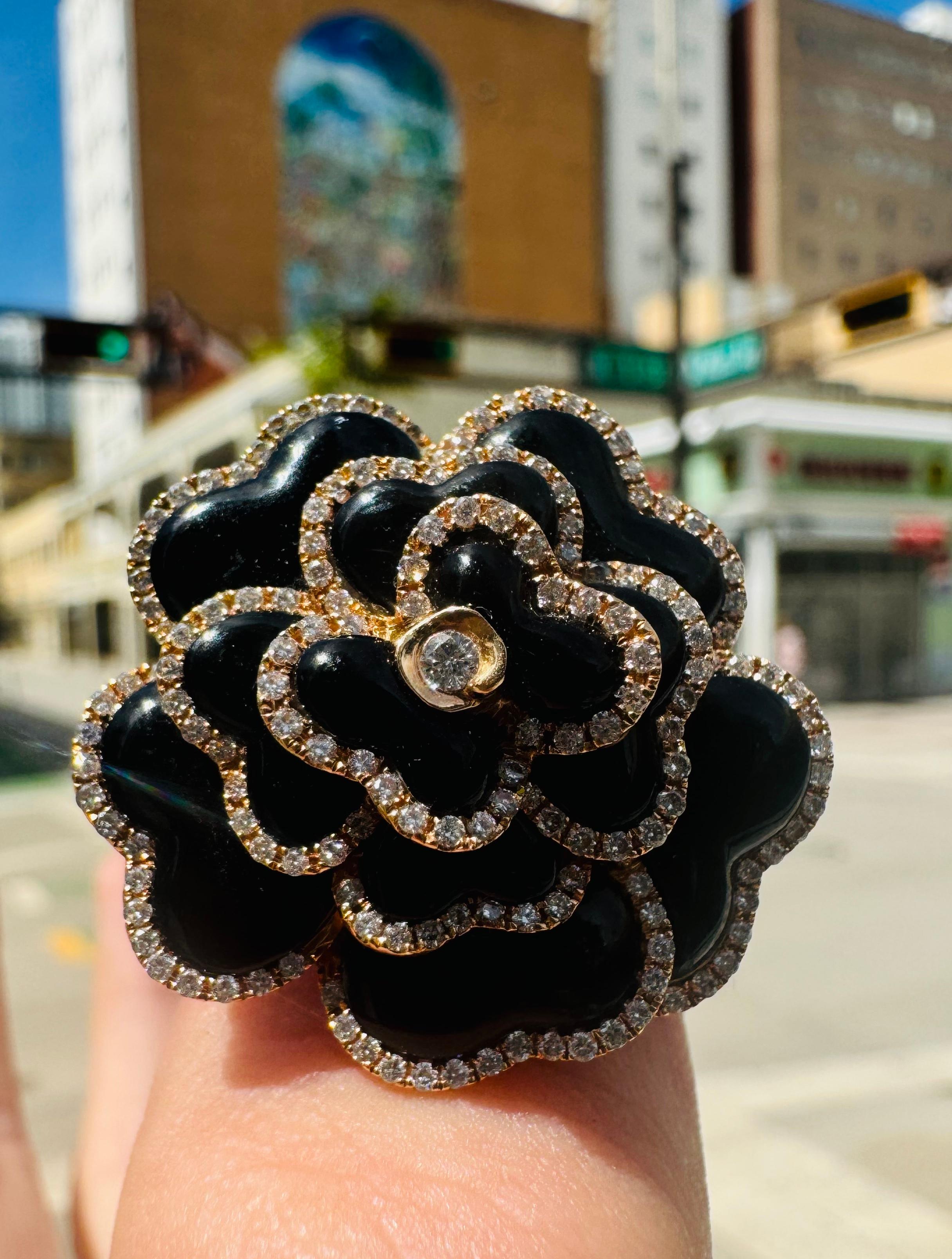 Modern Black Onyx & Diamond Rose Flower 18k Rose Gold Cocktail Ring For Sale 1