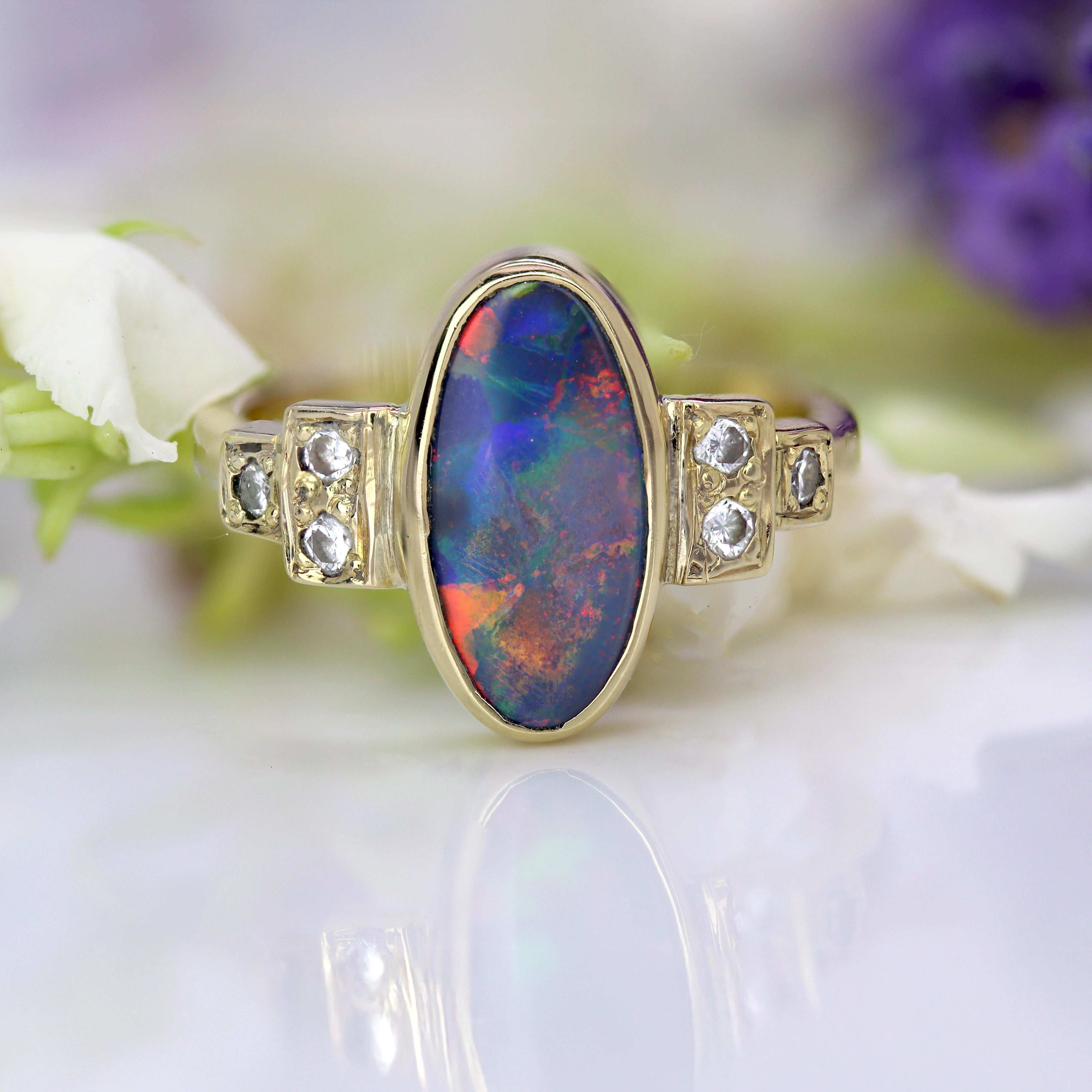Cabochon Modern Black Opal Diamonds 18 Karat Yellow Gold Geometric Ring For Sale