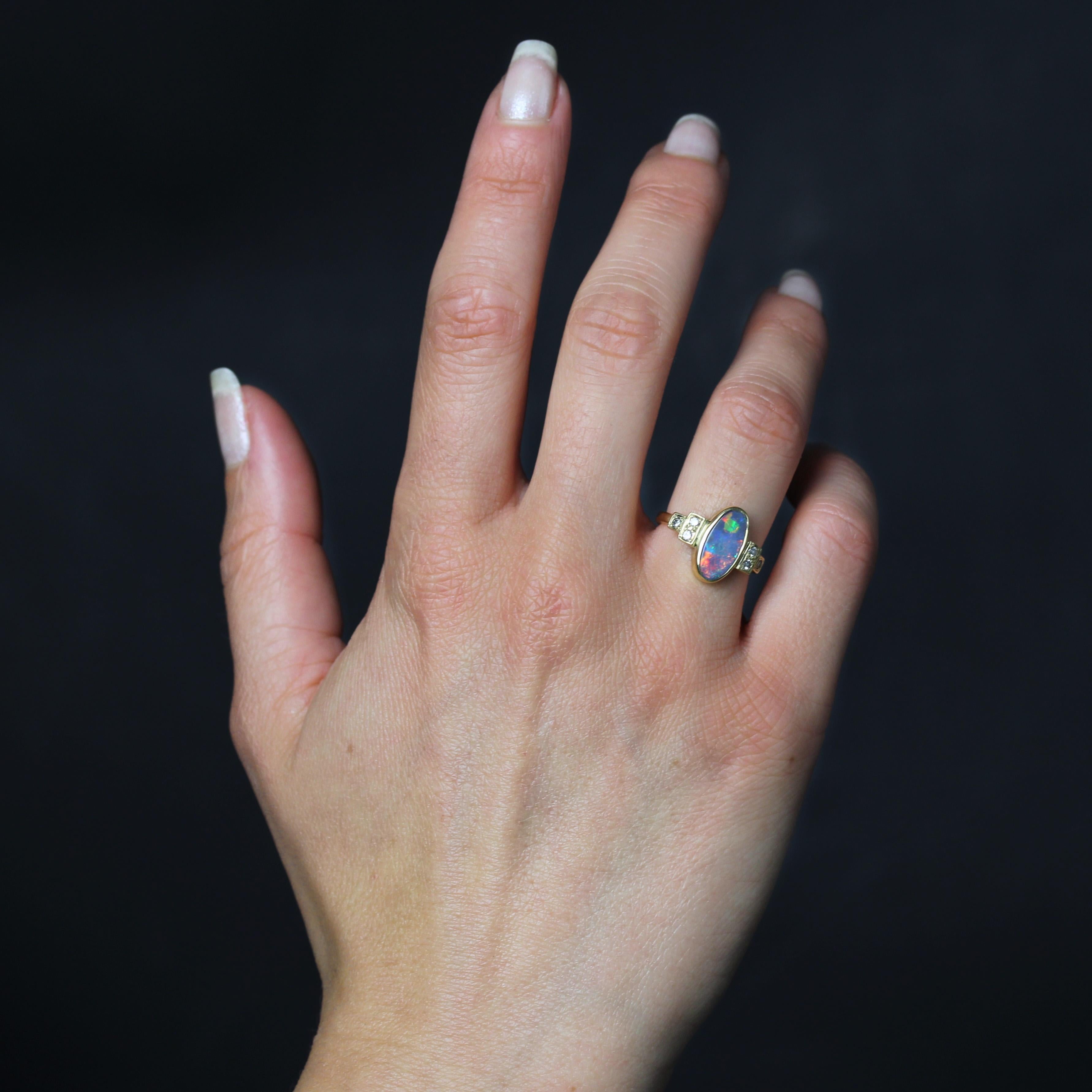 Modern Black Opal Diamonds 18 Karat Yellow Gold Geometric Ring In Excellent Condition For Sale In Poitiers, FR