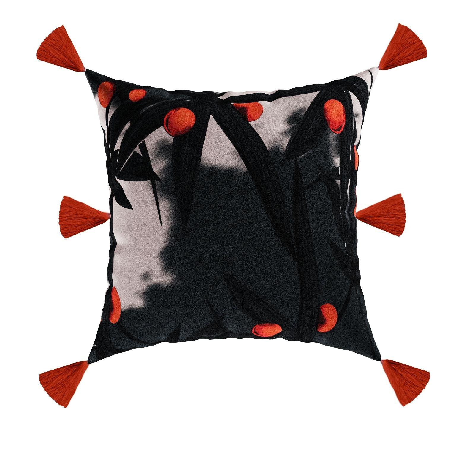 Modern Black Oranges Cushion, Luxury Dark Pattern Velvet Pillow Fringes Tassels