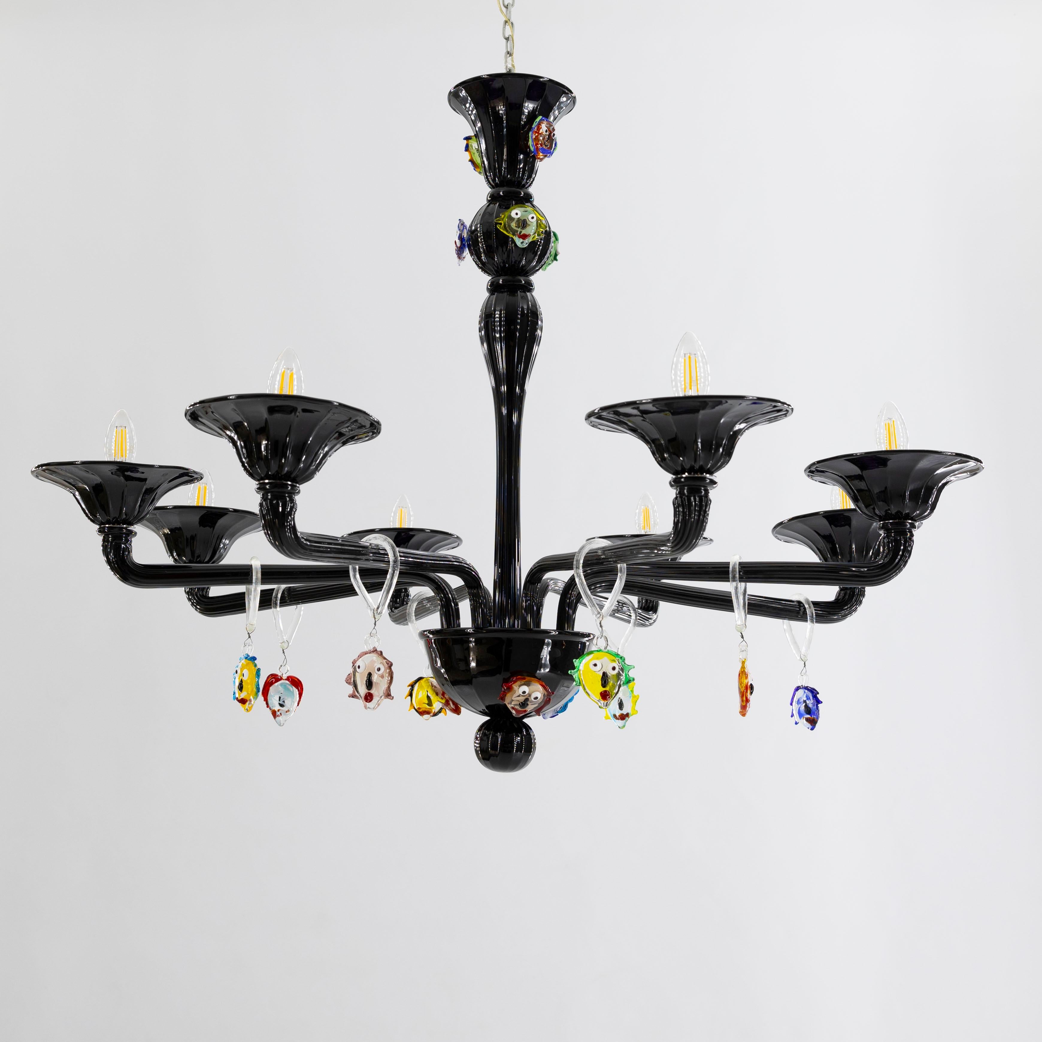 Modern Black Pair of Chandeliers Picasso sculpture in blown Murano Glass, Italy.
This is a fantastic chandelier entirely handcrafted in blown Murano glass, total black in each part, and decorated by 