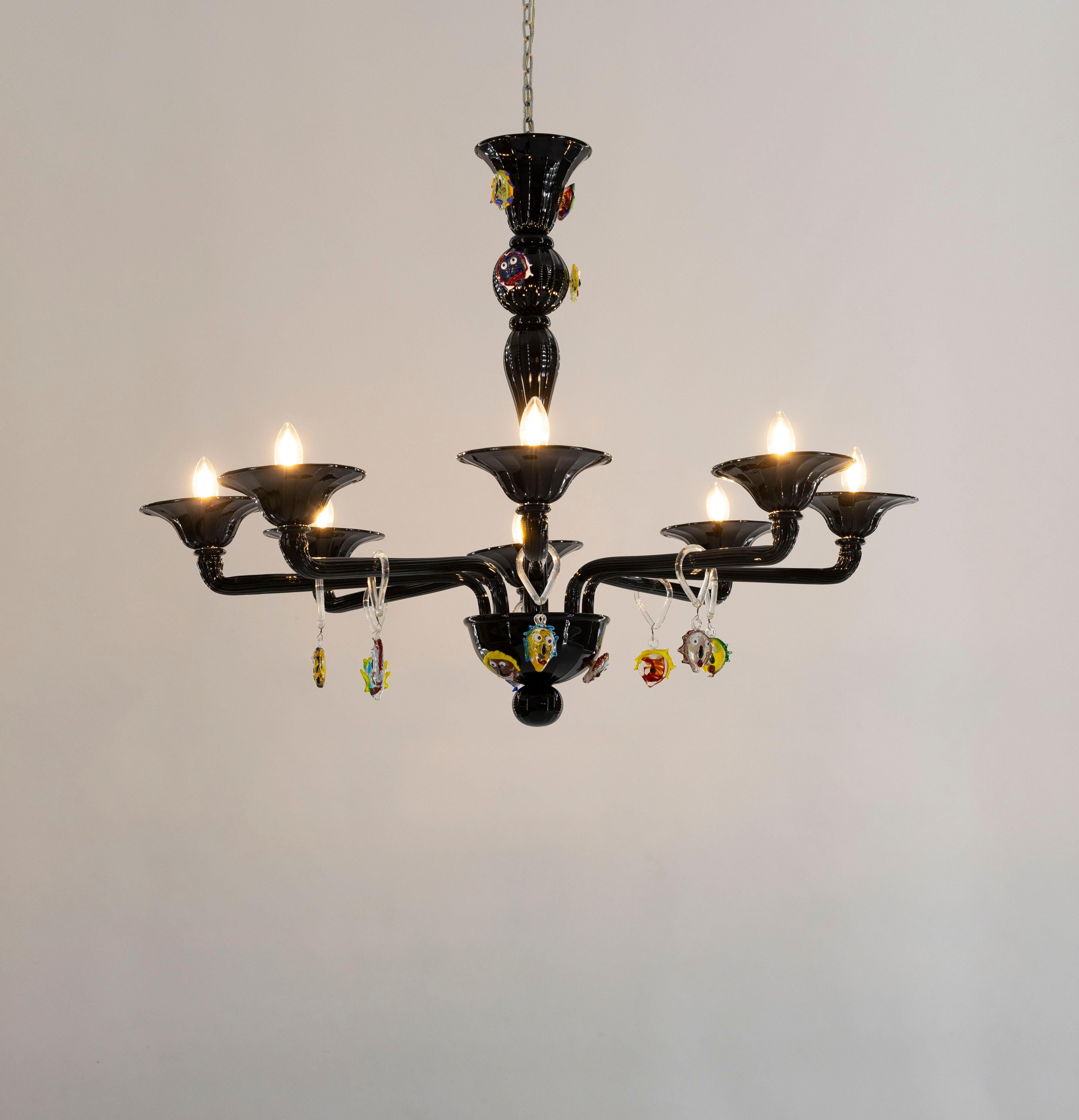 Mid-Century Modern Modern Black Pair of Chandeliers Picasso sculpture in blown Murano Glass, Italy For Sale