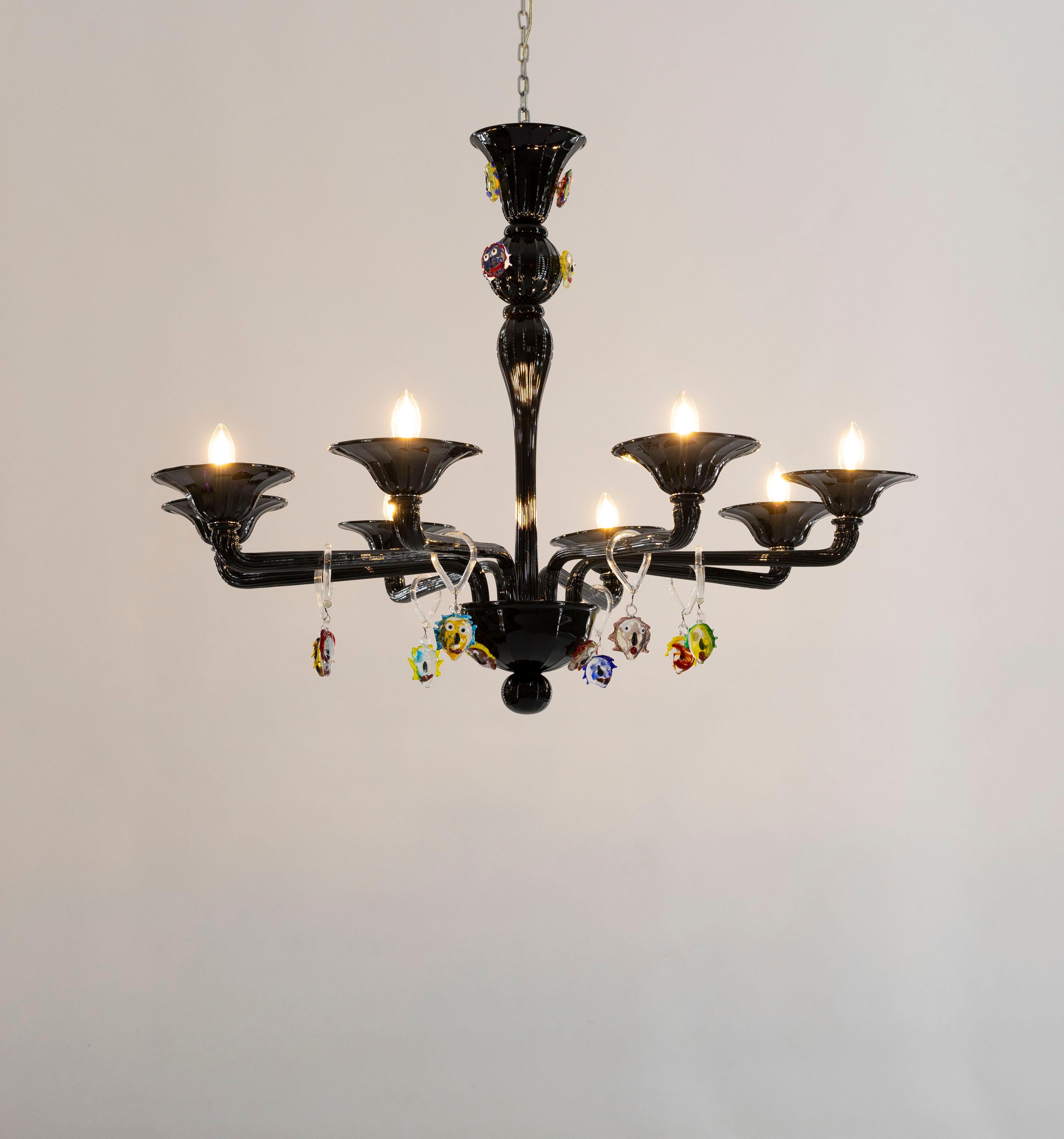 Italian Modern Black Pair of Chandeliers Picasso sculpture in blown Murano Glass, Italy For Sale