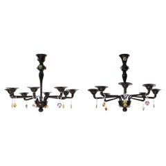 Modern Black Pair of Chandeliers Picasso sculpture in blown Murano Glass, Italy