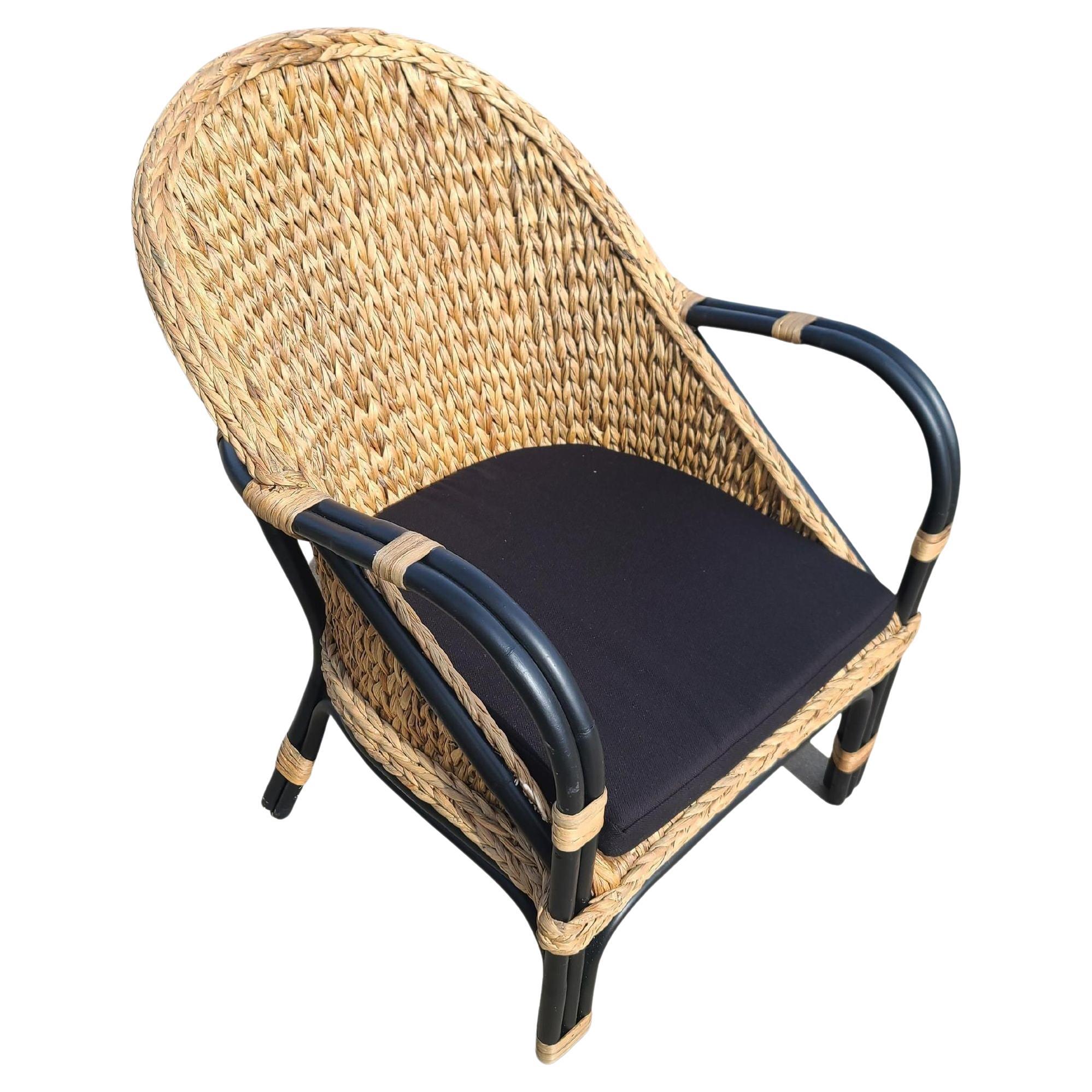 Modern Black Rattan Armchair Dining Chair w/ Wicker Seat For Sale