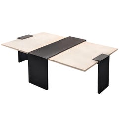Modern Black Steel and Limestone Offset Cocktail Table