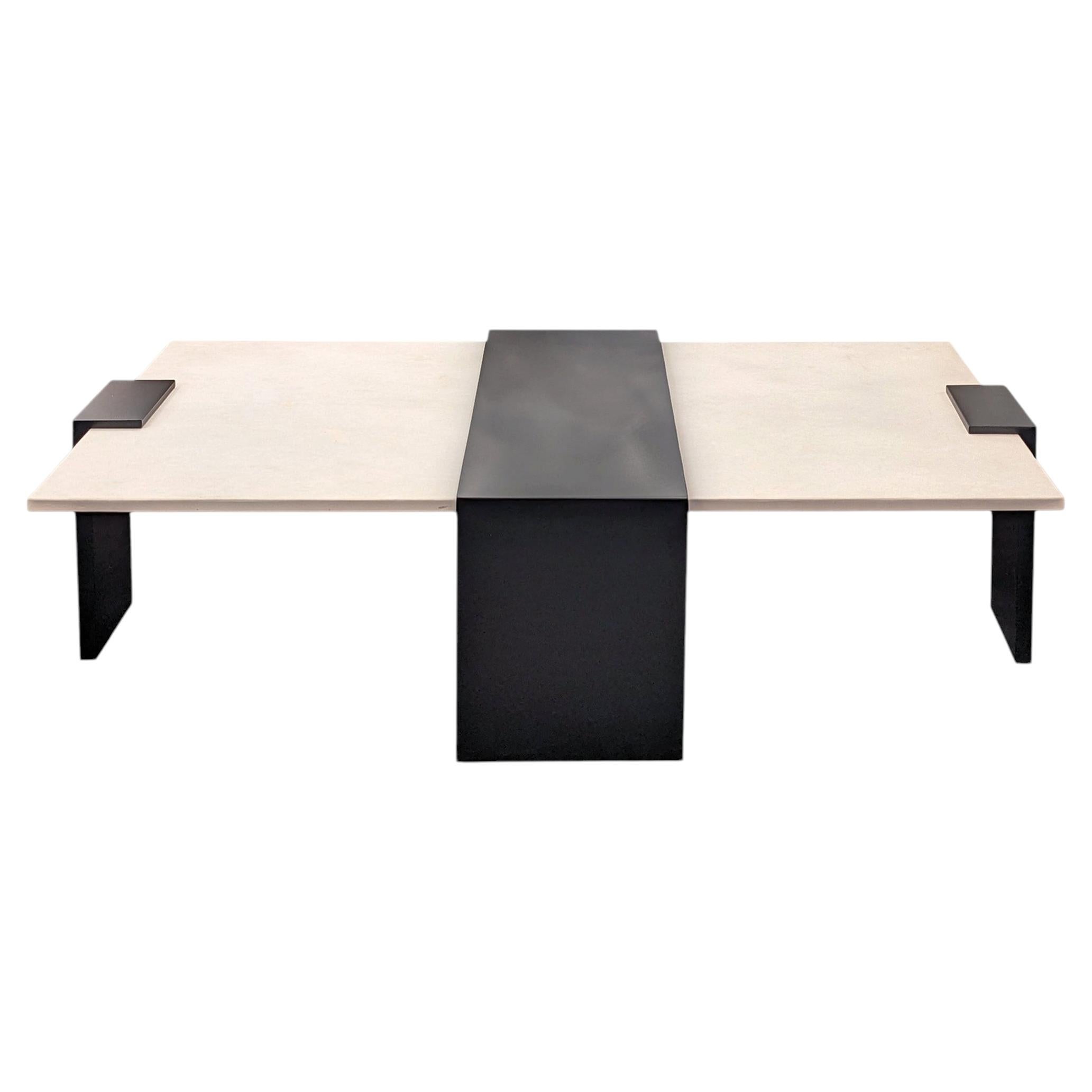 Modern Black Steel and Limestone Offset Cocktail Table