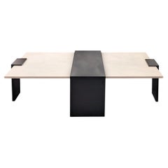 Modern Black Steel and Limestone Offset Cocktail Table