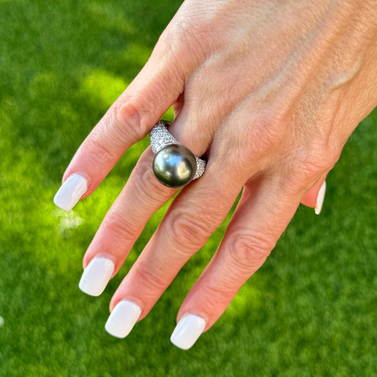 Round Cut Modern Black Tahitian Pearl Diamond Platinum Cocktail Ring For Sale