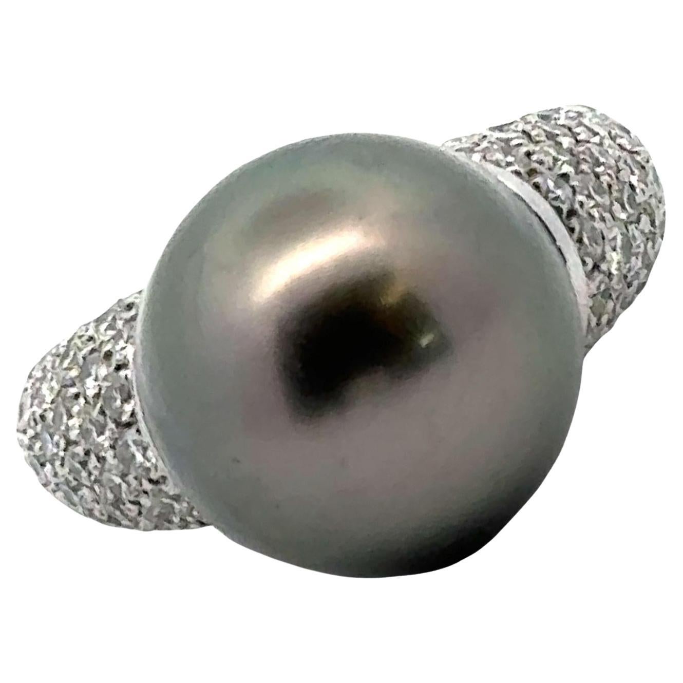 Women's Modern Black Tahitian Pearl Diamond Platinum Cocktail Ring For Sale