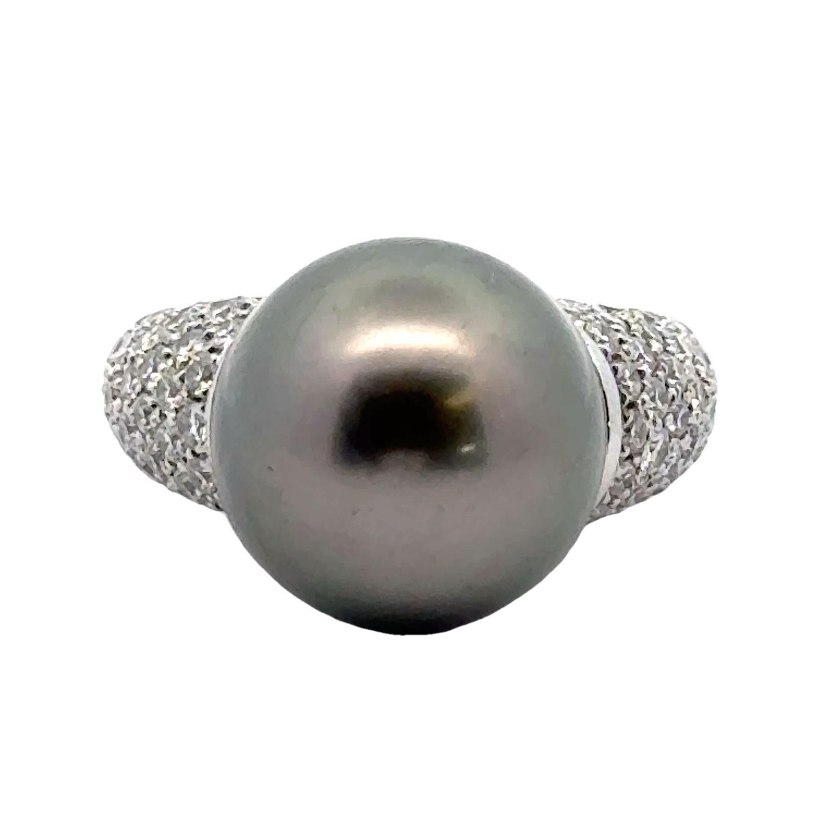 Modern Black Tahitian Pearl Diamond Platinum Cocktail Ring For Sale 2