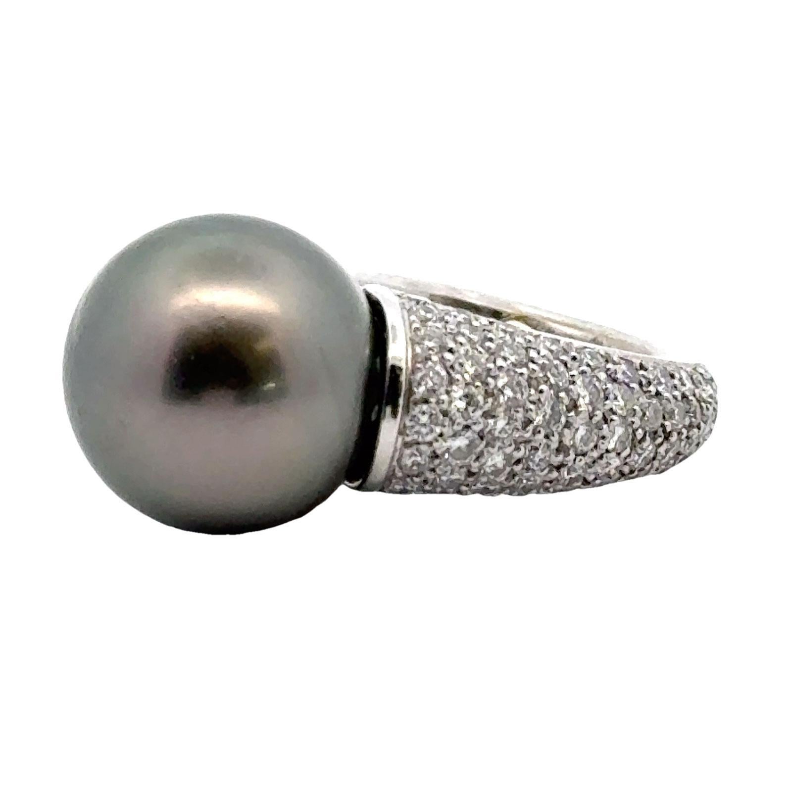 Modern Black Tahitian Pearl Diamond Platinum Cocktail Ring For Sale 3