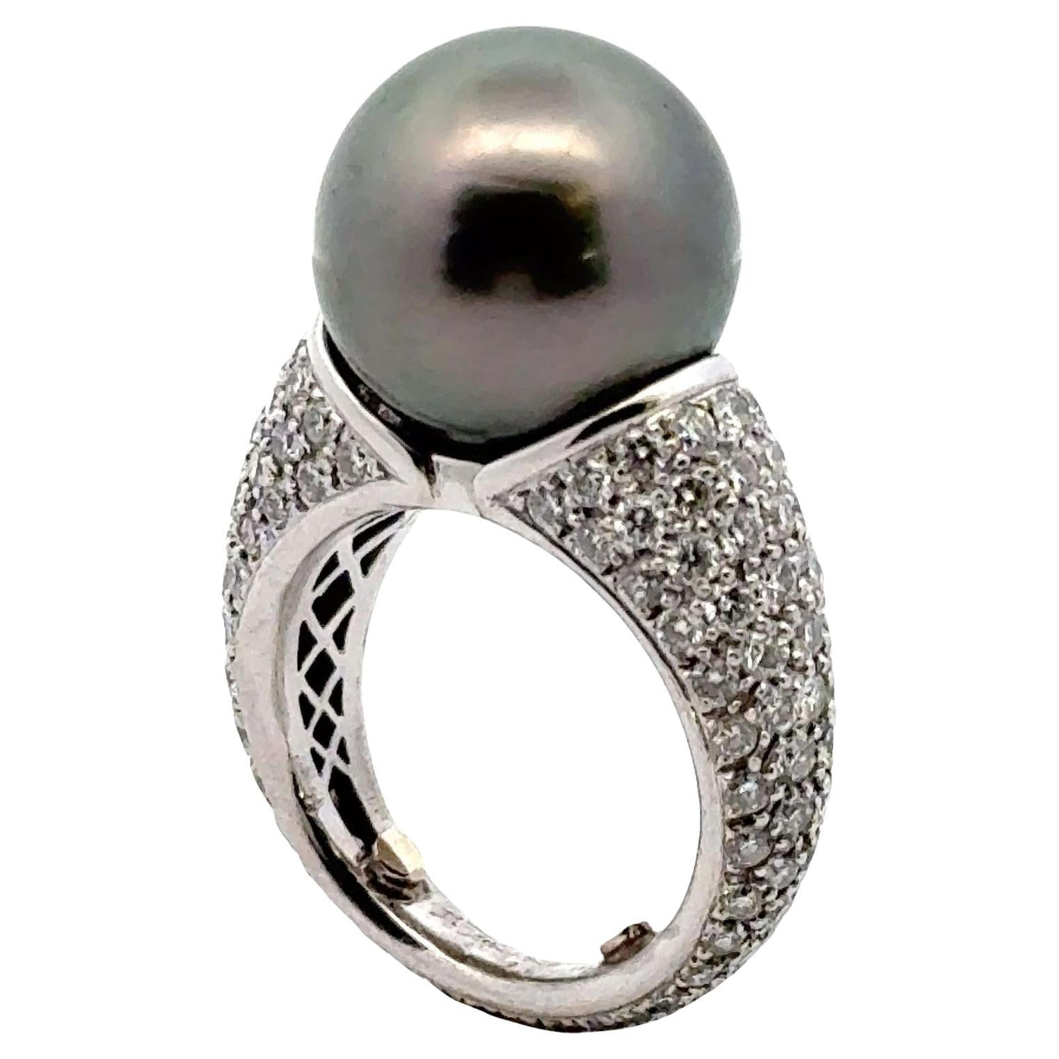 Modern Black Tahitian Pearl Diamond Platinum Cocktail Ring