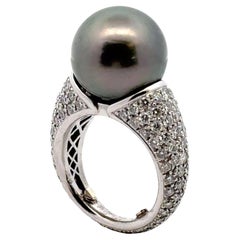Modern Black Tahitian Pearl Diamond Platinum Cocktail Ring