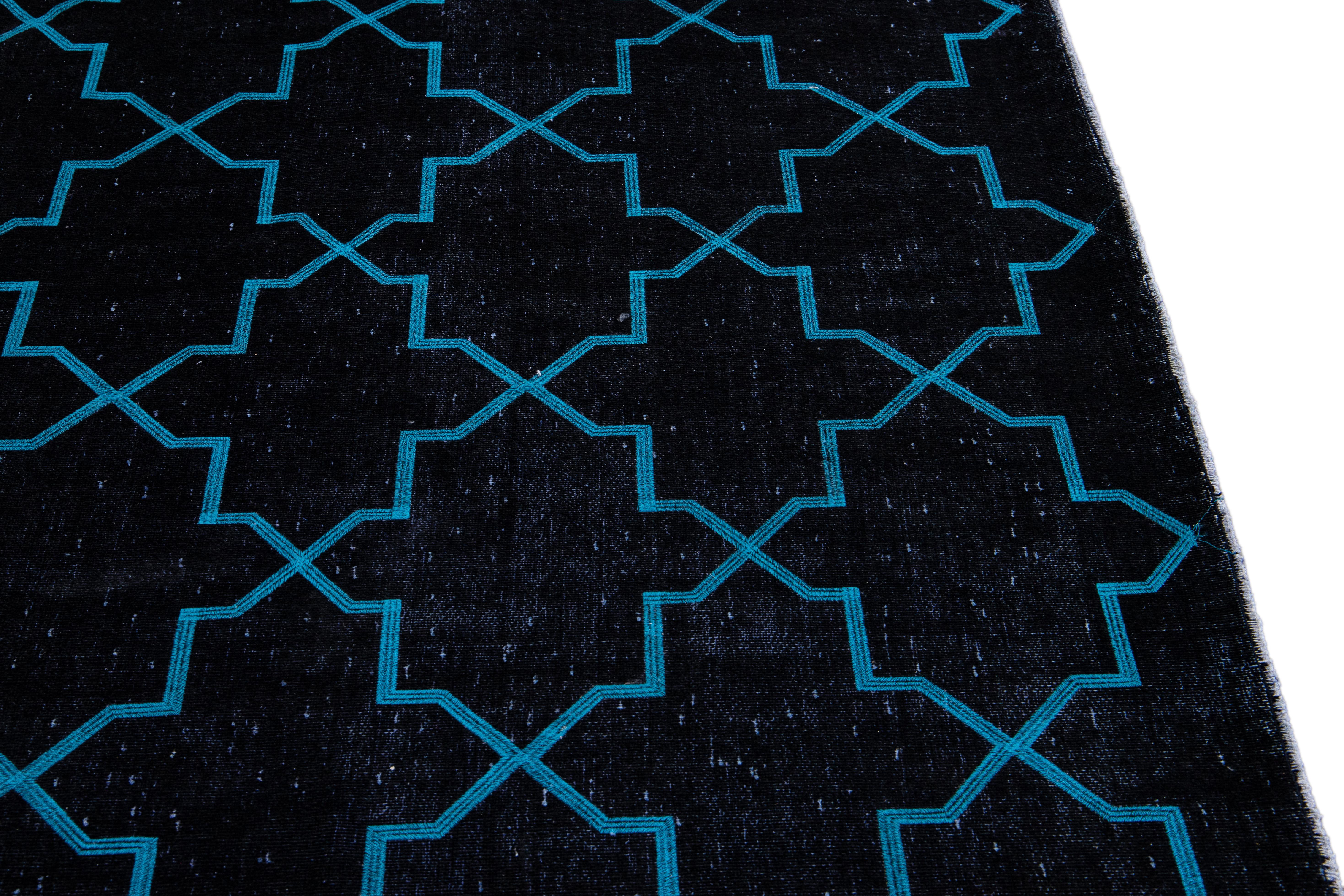 Modern Black Turkish Handmade Blue Geometric Trellis Pattern Wool Rug For Sale 4