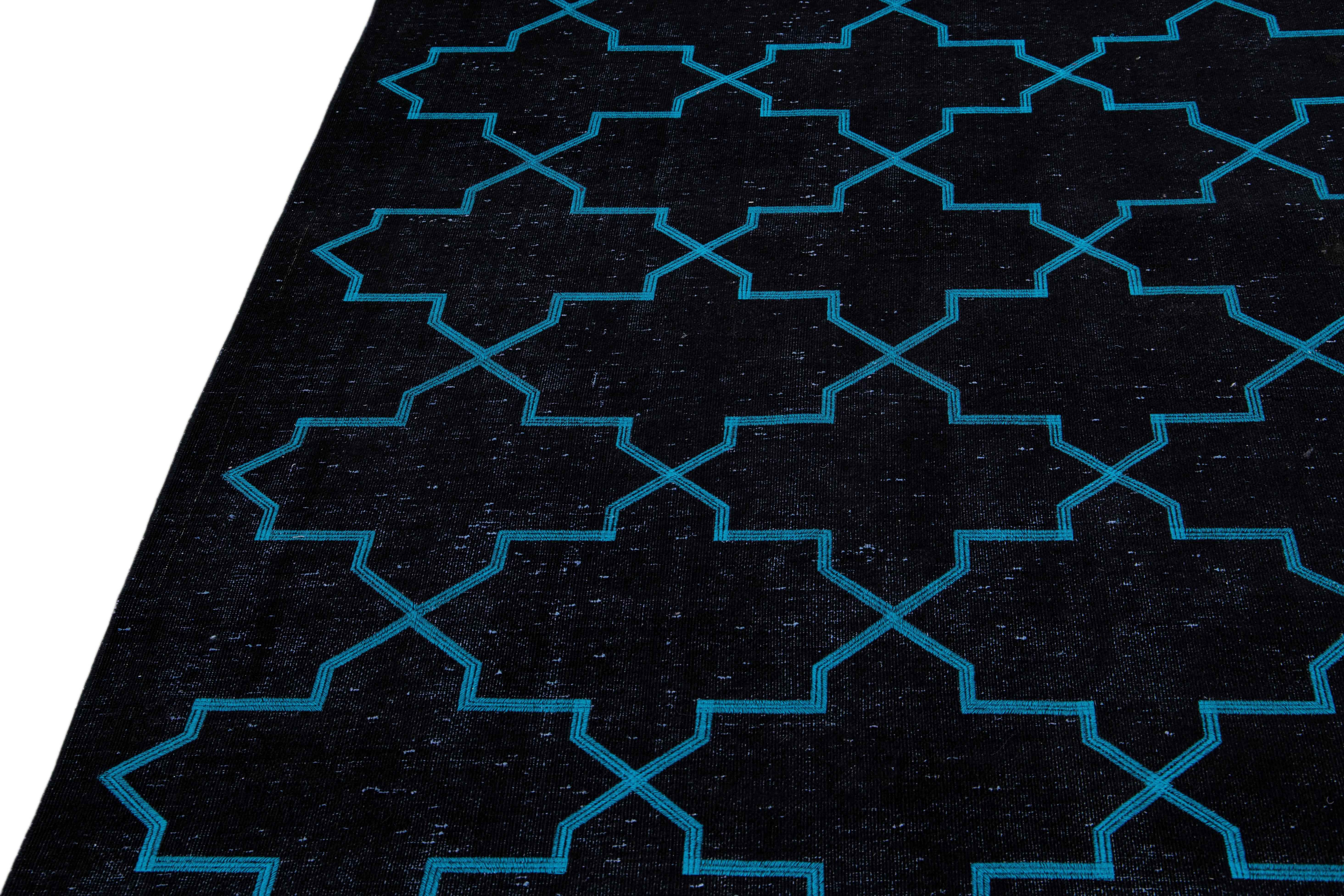 Hand-Knotted Modern Black Turkish Handmade Blue Geometric Trellis Pattern Wool Rug For Sale