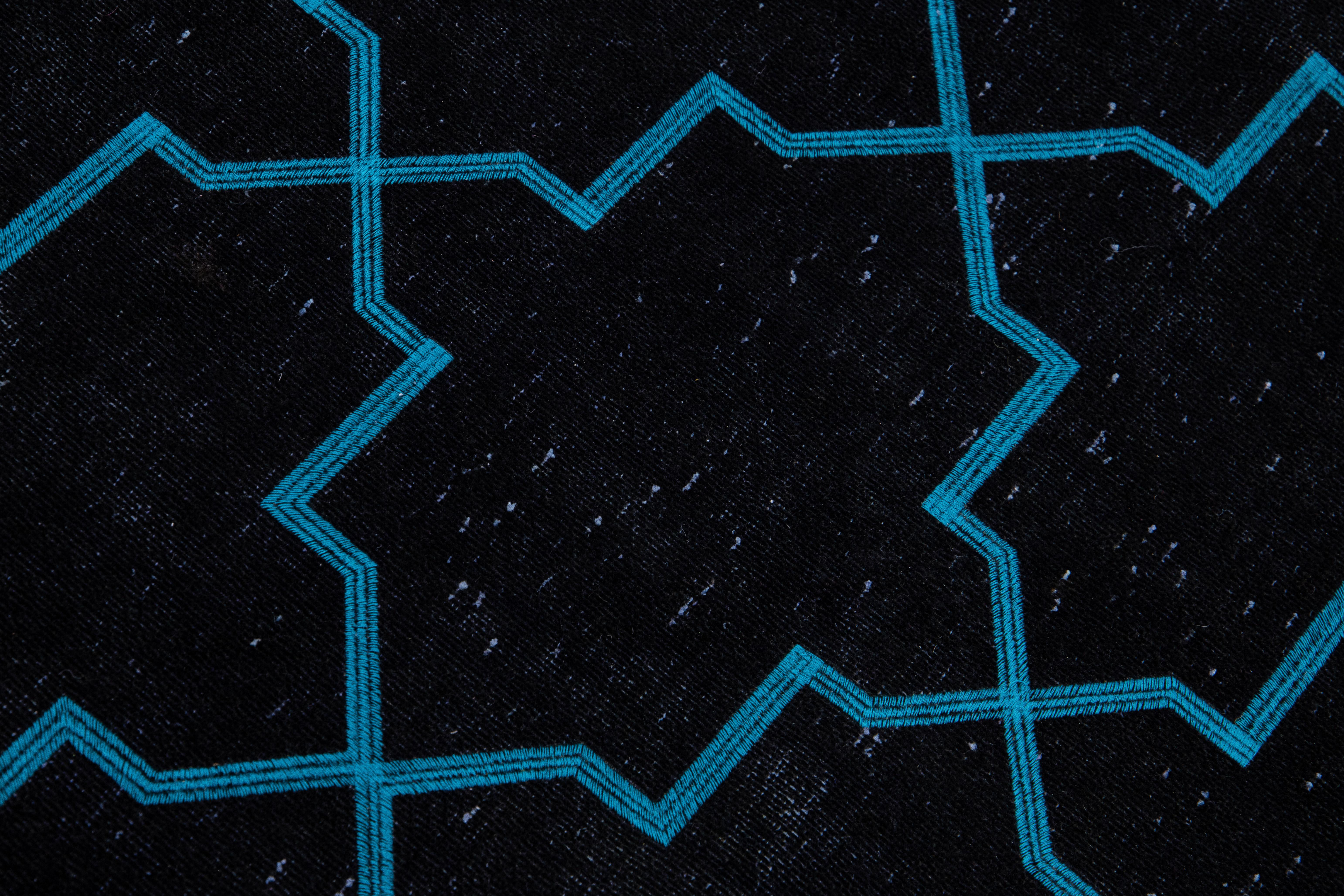 Contemporary Modern Black Turkish Handmade Blue Geometric Trellis Pattern Wool Rug For Sale