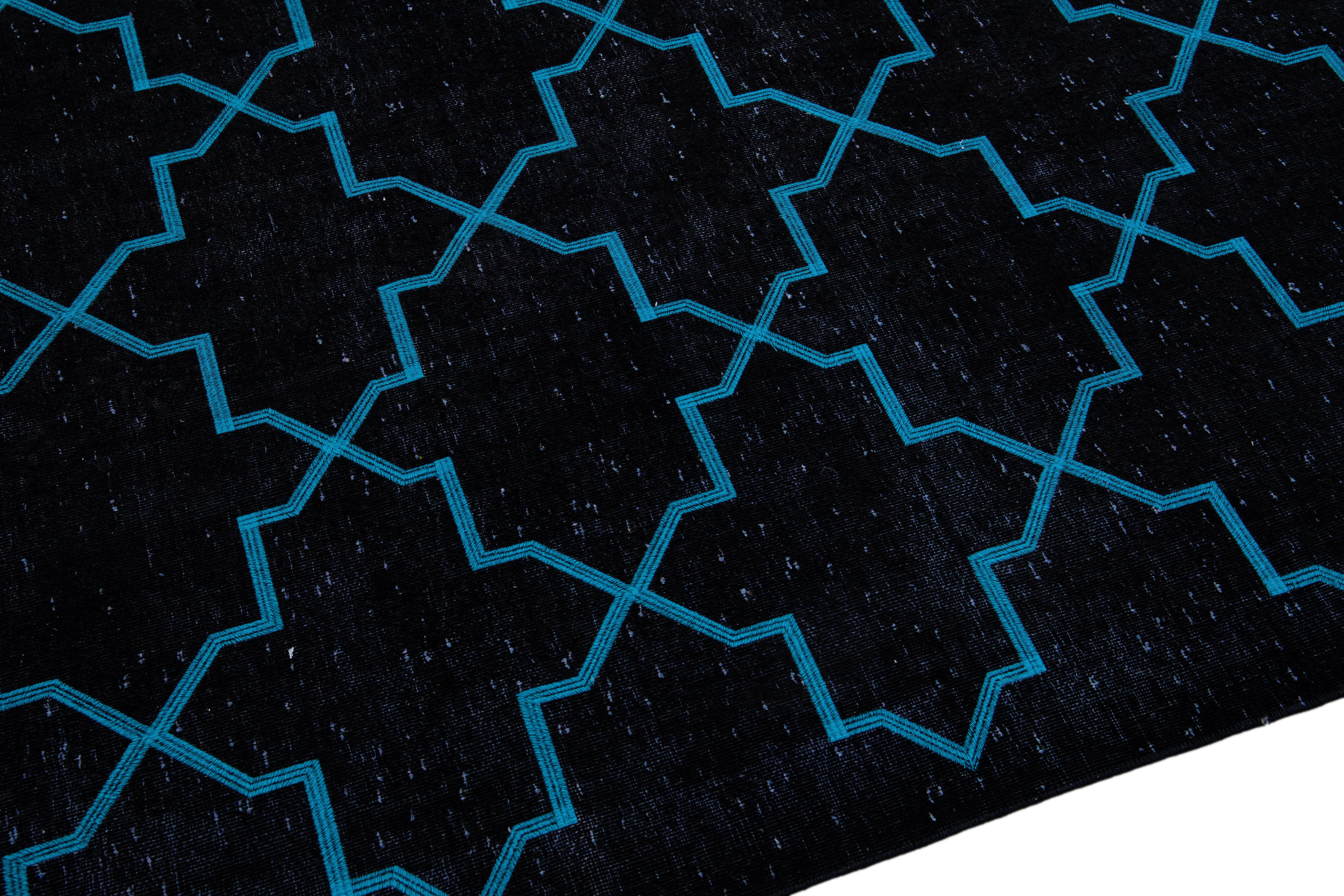 Modern Black Turkish Handmade Blue Geometric Trellis Pattern Wool Rug For Sale 1