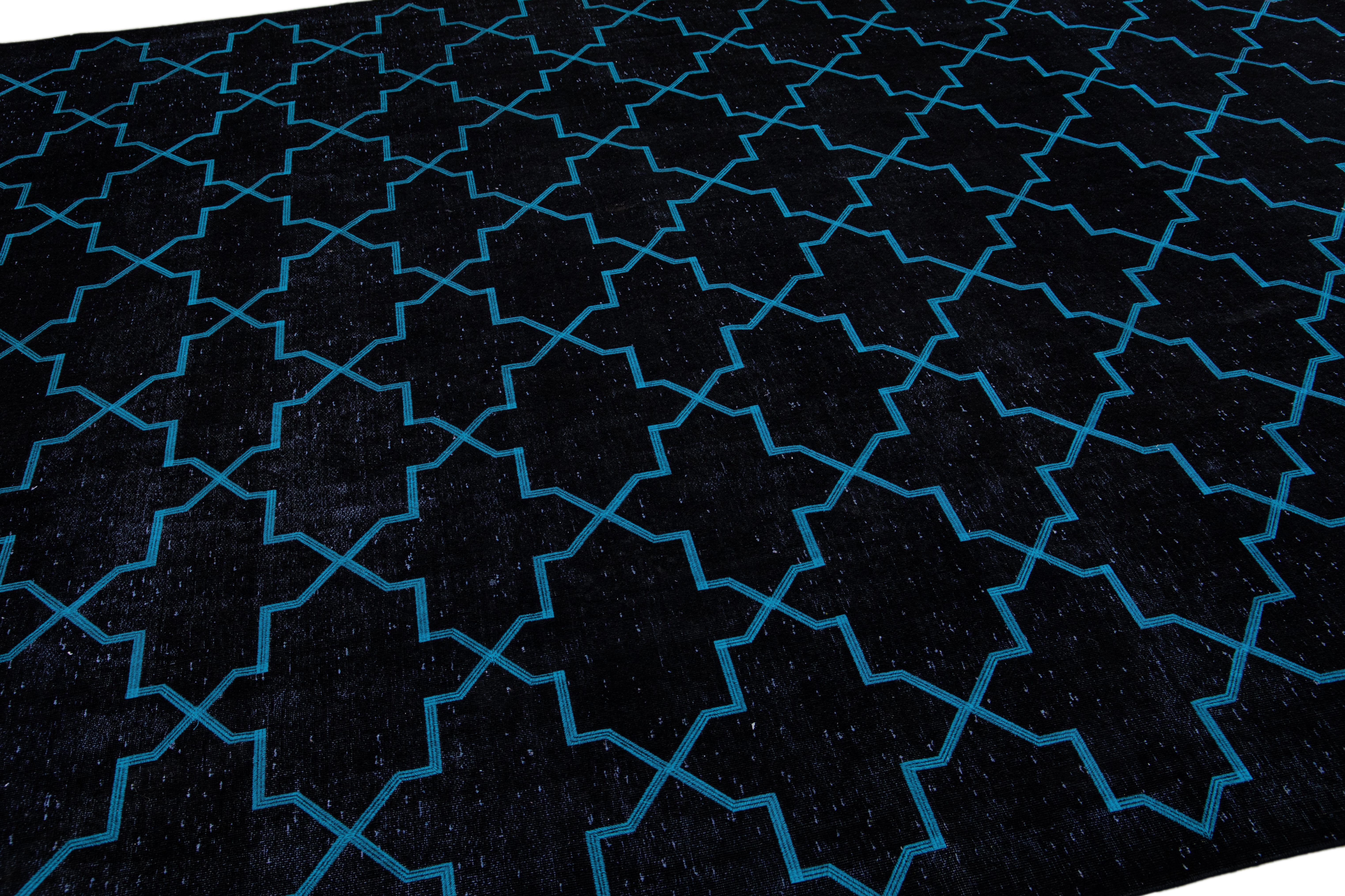 Modern Black Turkish Handmade Blue Geometric Trellis Pattern Wool Rug For Sale 2