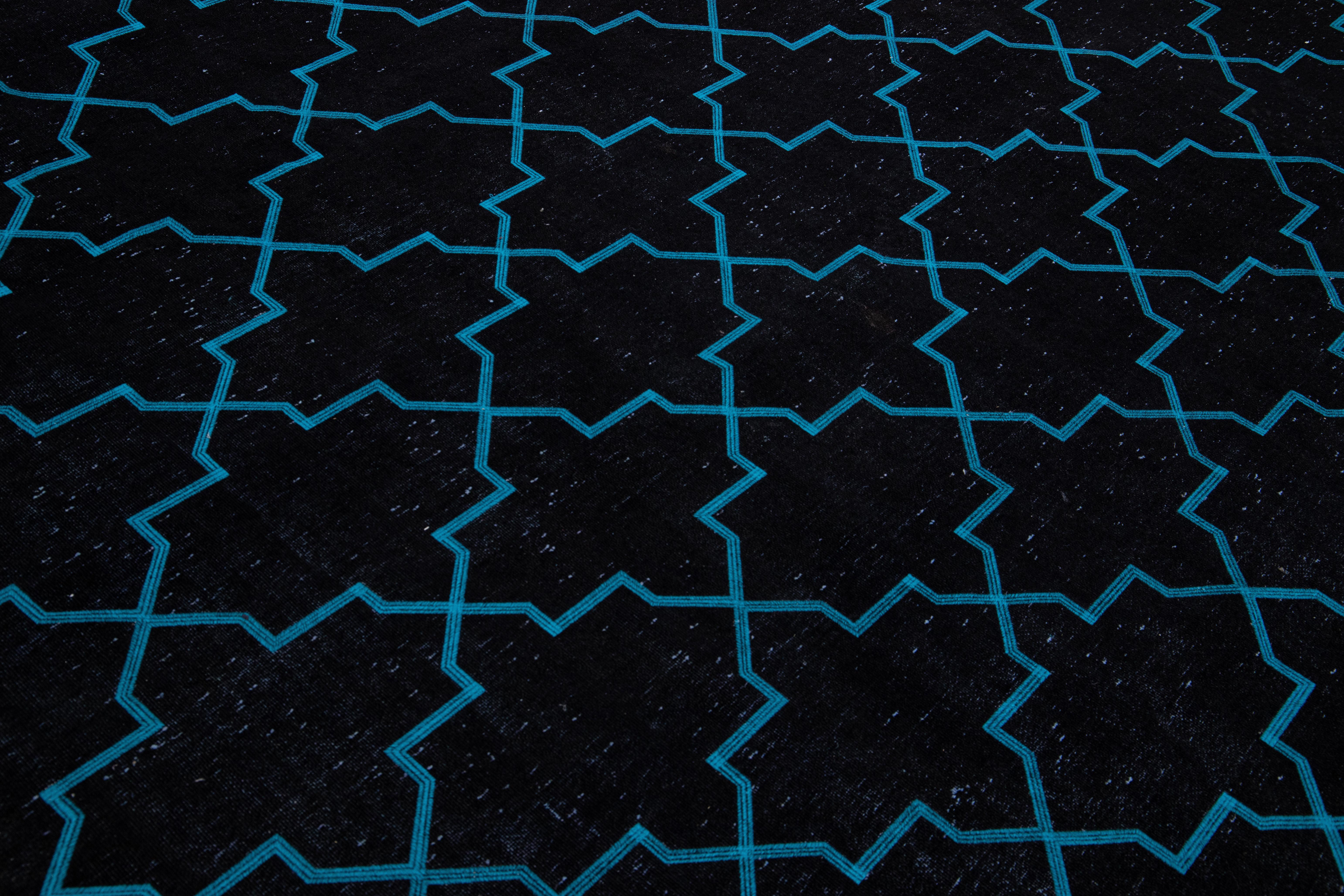 Modern Black Turkish Handmade Blue Geometric Trellis Pattern Wool Rug For Sale 3