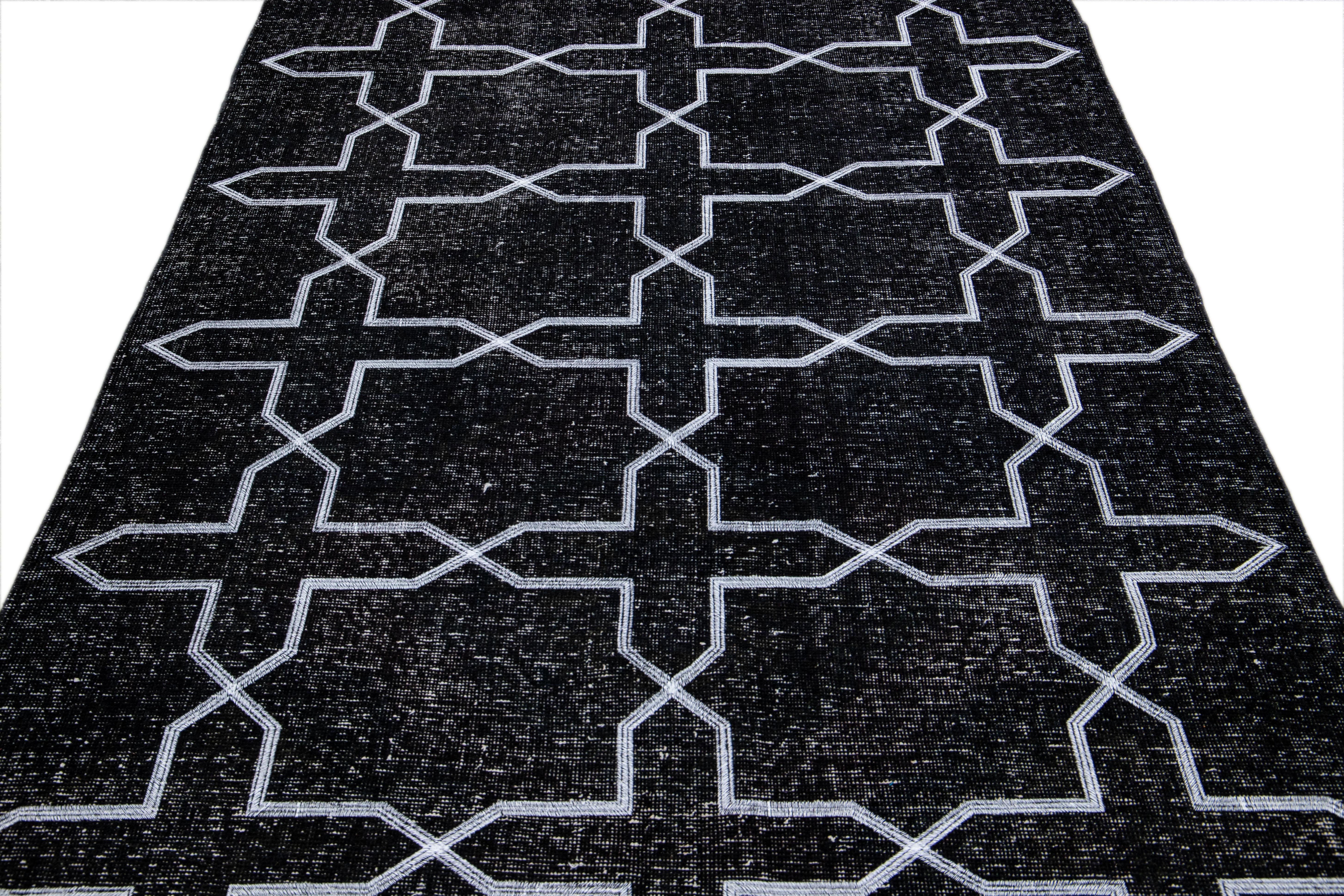 Tribal Modern Black Turkish Handmade Geometric Pattern Wool Gallery Rug For Sale