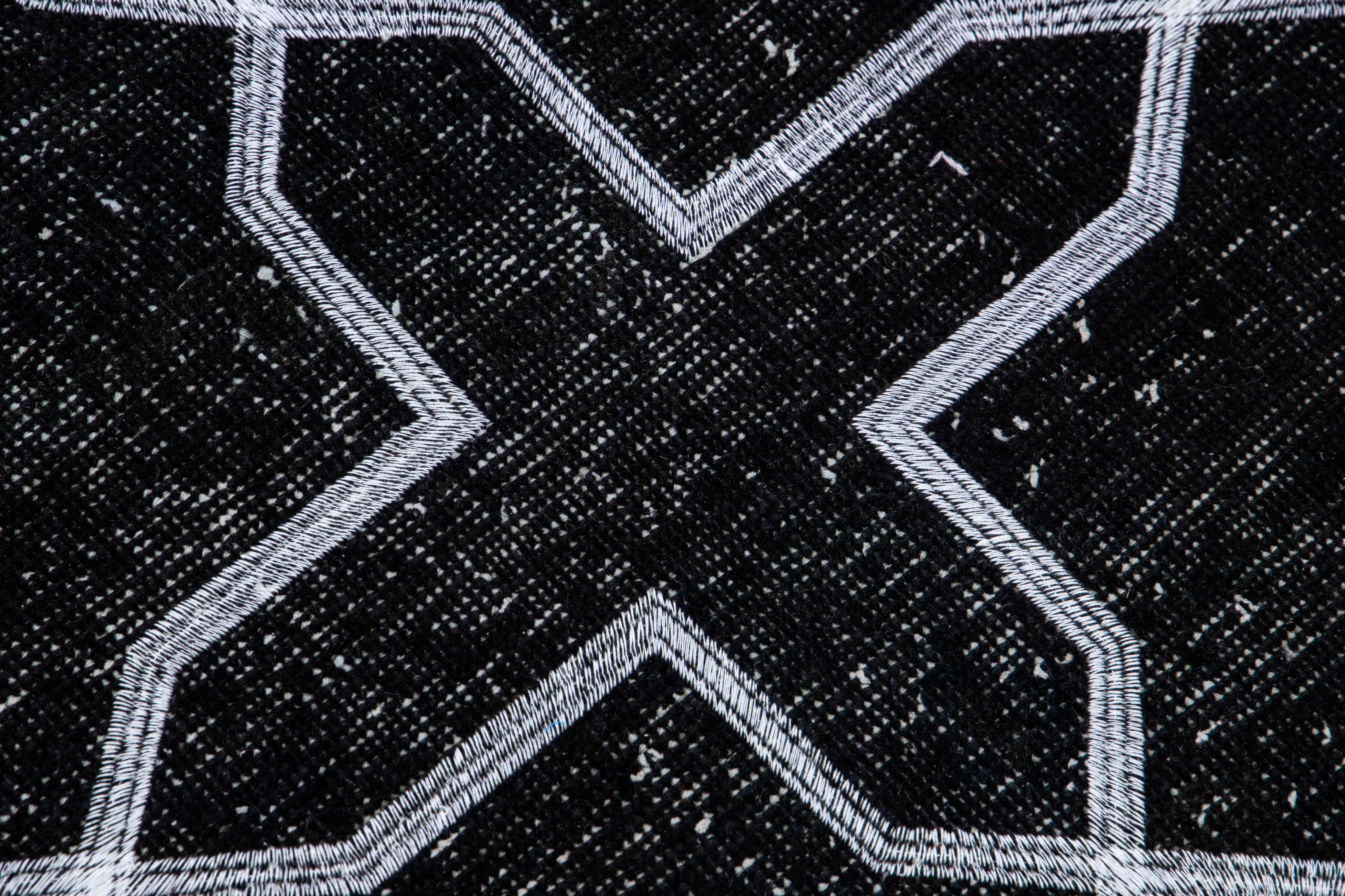 Contemporary Modern Black Turkish Handmade Geometric Pattern Wool Gallery Rug For Sale