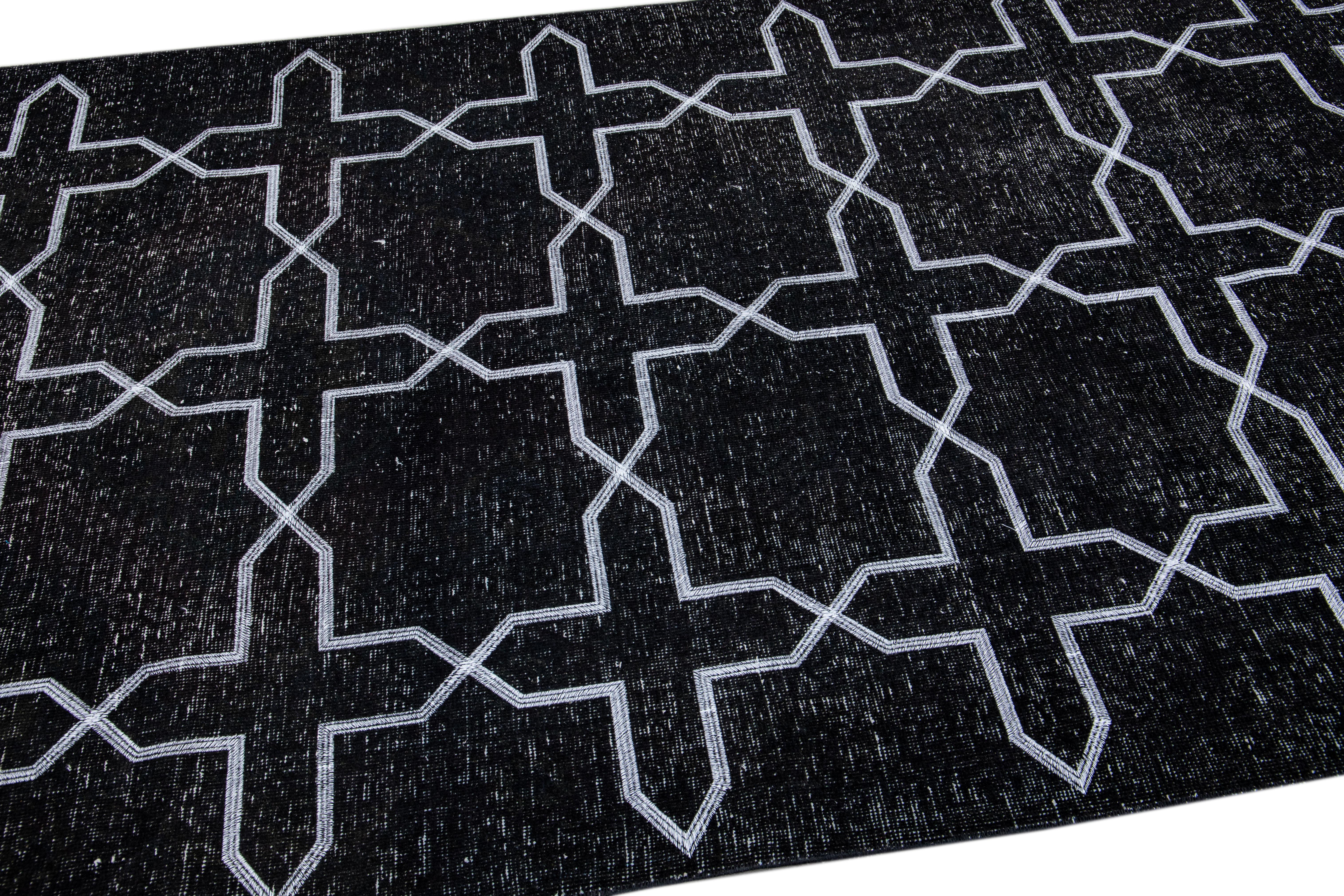Modern Black Turkish Handmade Geometric Pattern Wool Gallery Rug For Sale 2
