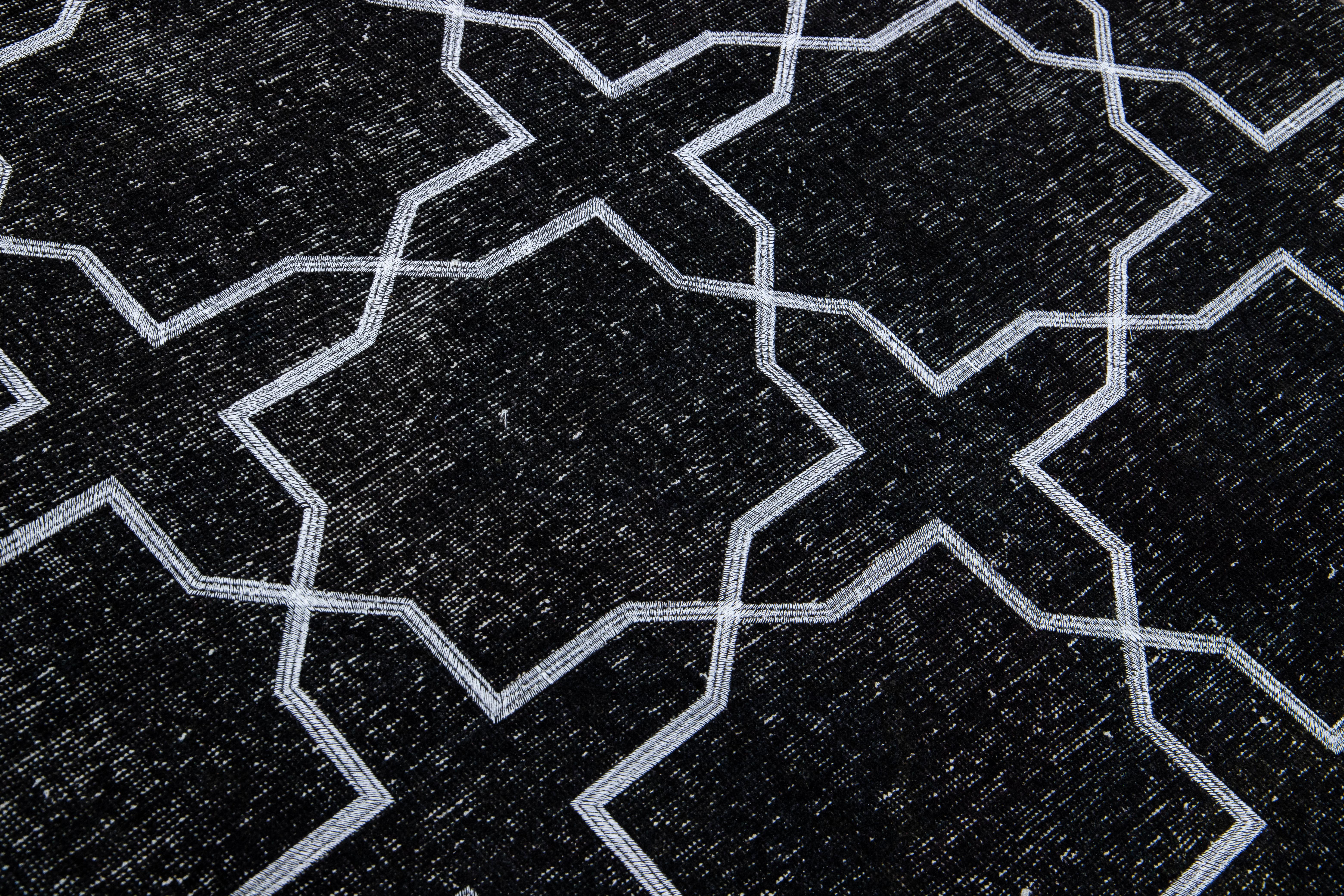 Modern Black Turkish Handmade Geometric Pattern Wool Gallery Rug For Sale 3