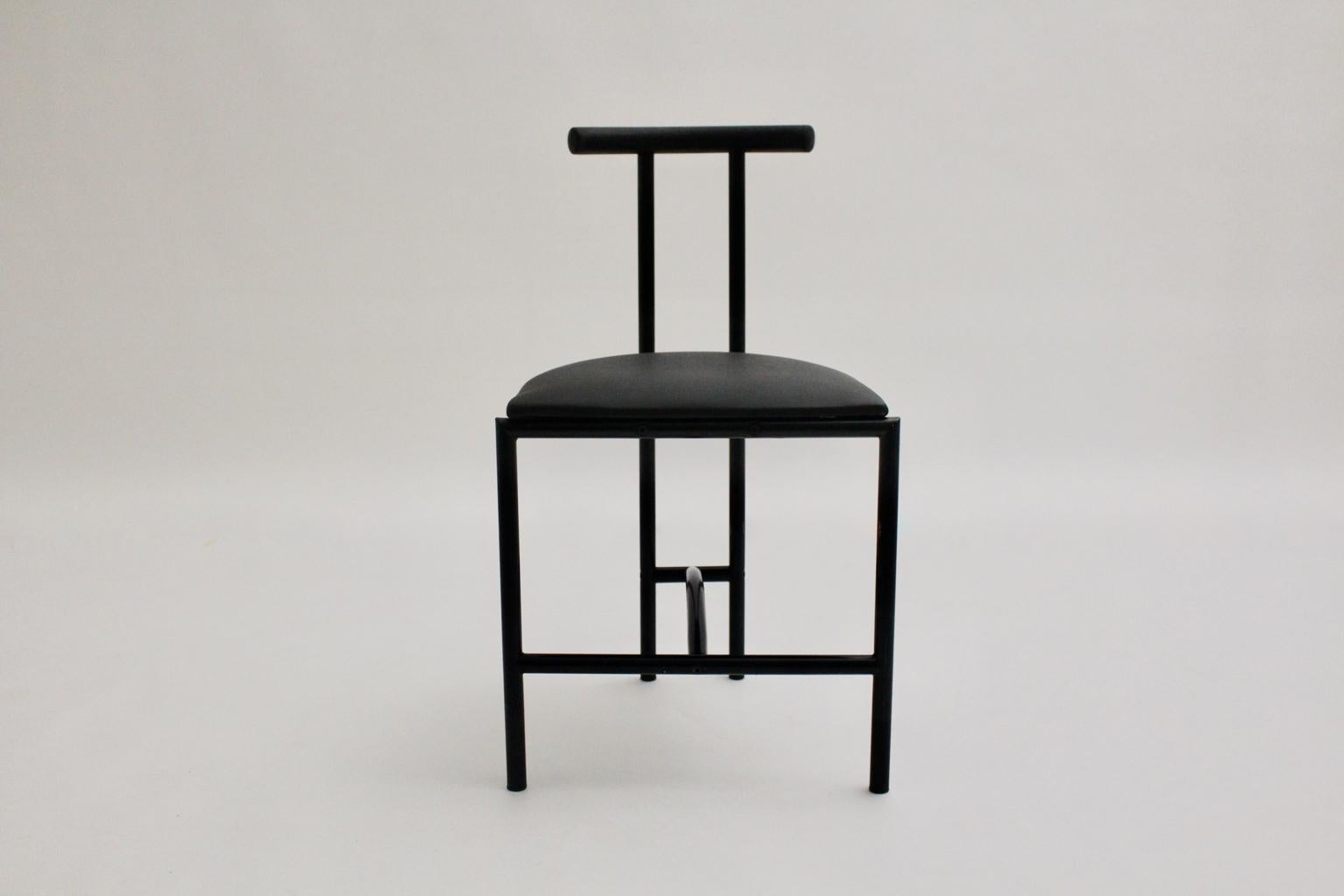 Modern vintage chair was designed by Rodney Kinsman 1985 United Kingdom and made of black lacquered tube steel and a covered seat features black faux leather.
Very good vintage condition
Approximate measures:
Width 43.5 cm
Depth 41 cm
Height 74.5