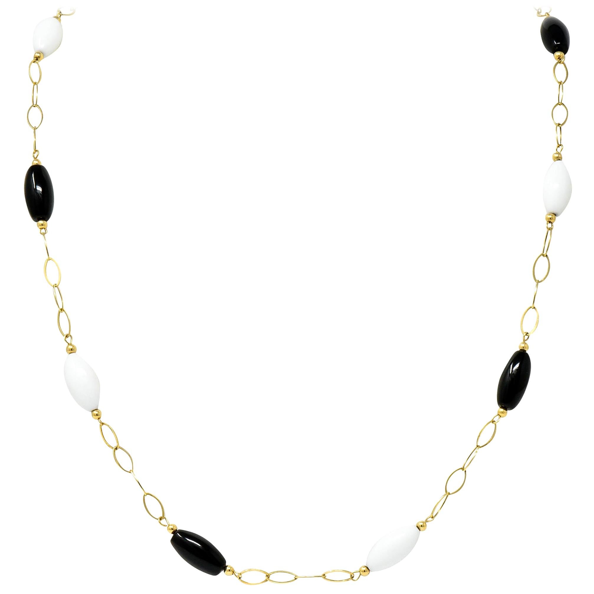 Modern Black and White Agate 14 Karat Gold Station Necklace