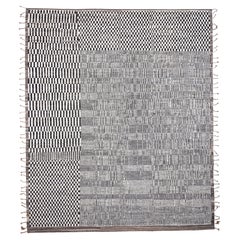 Alfombra moderna de lana con motivos geométricos en blanco y negro 12'10''x15'3'' Circa 2020