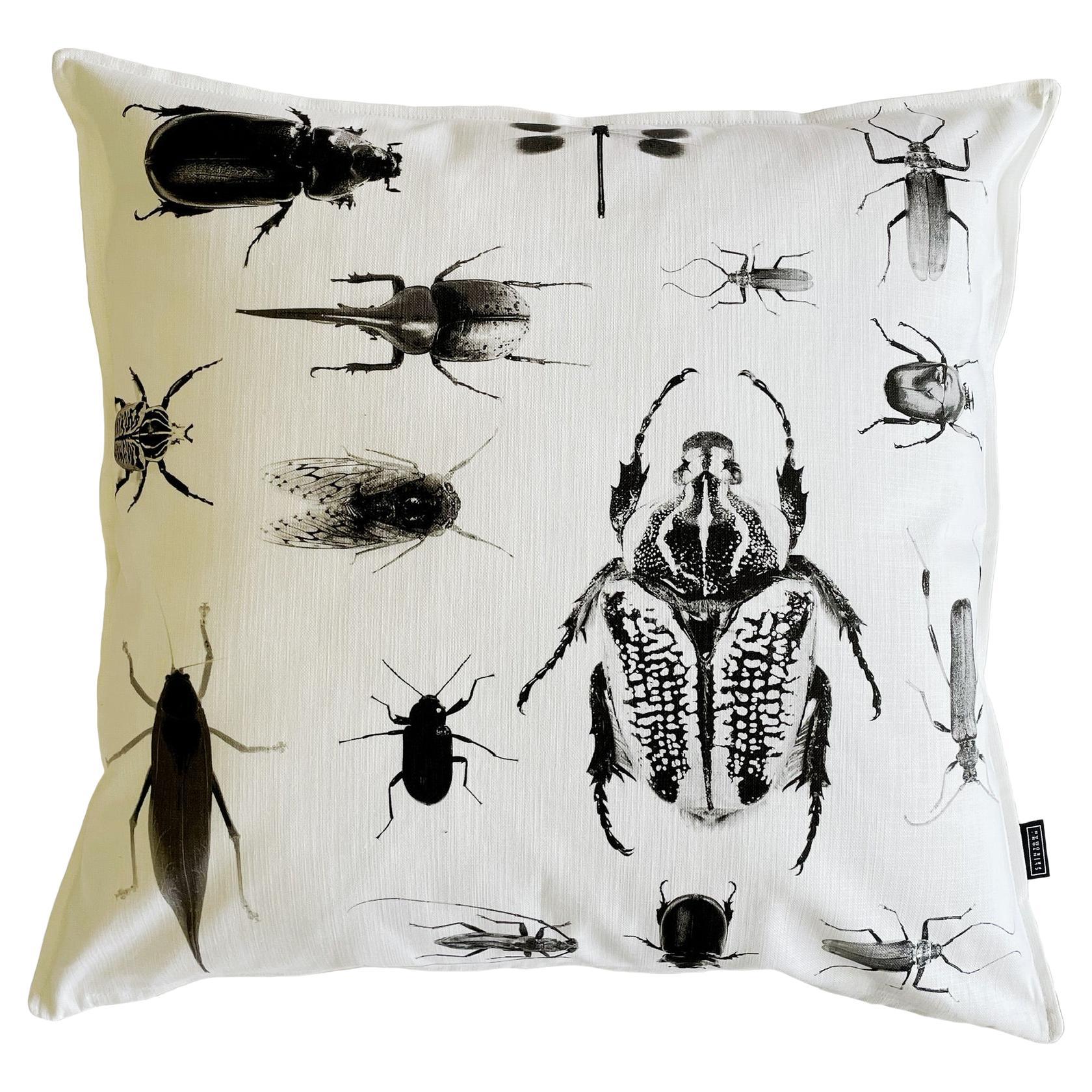 Modern Black/White Monochromatic Insect Image Cotton Pillow made in South Africa For Sale