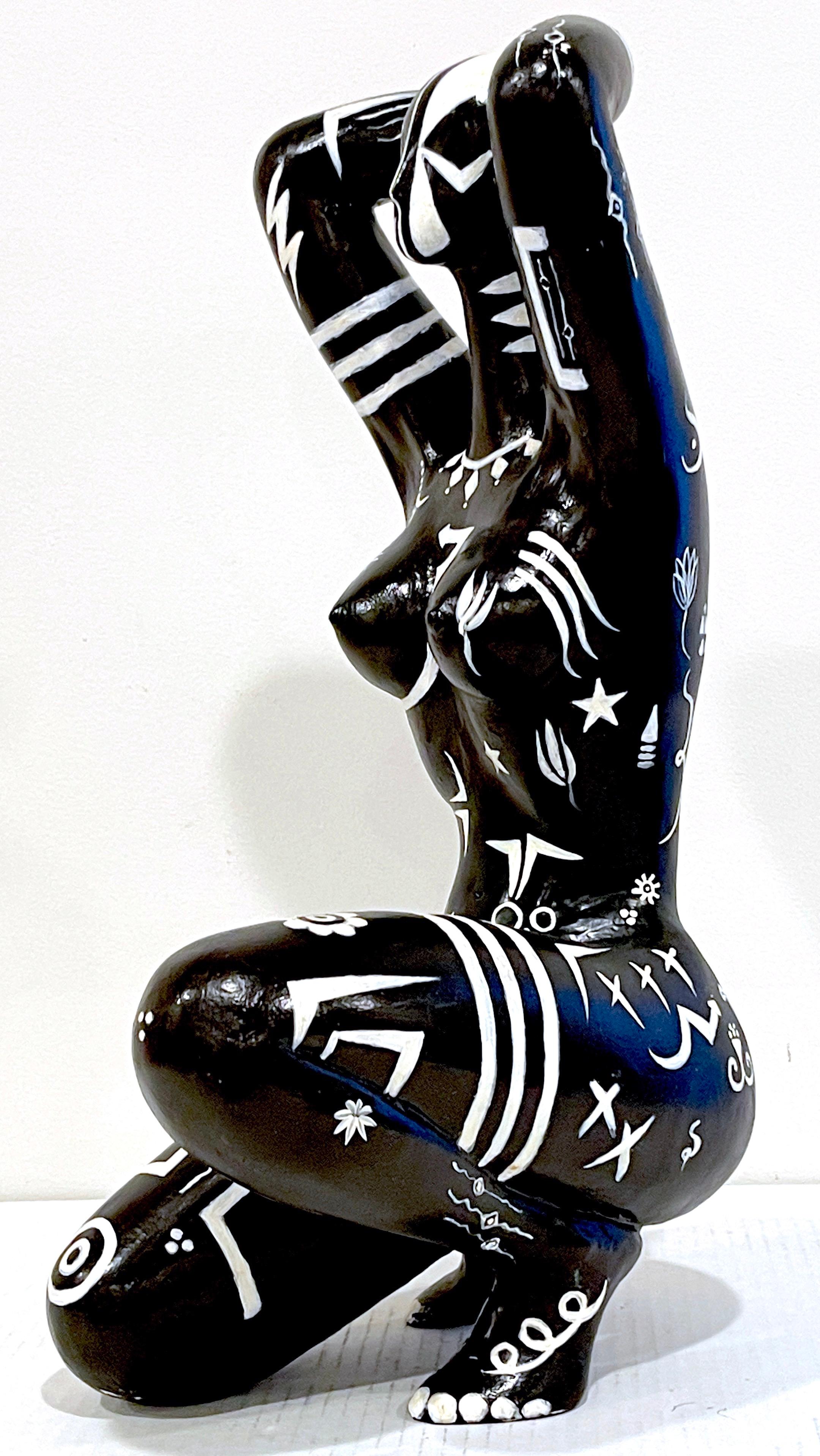 Hand-Painted Modern Black & White Sculpture of a Knelling Tribal Tattooed African Queen For Sale