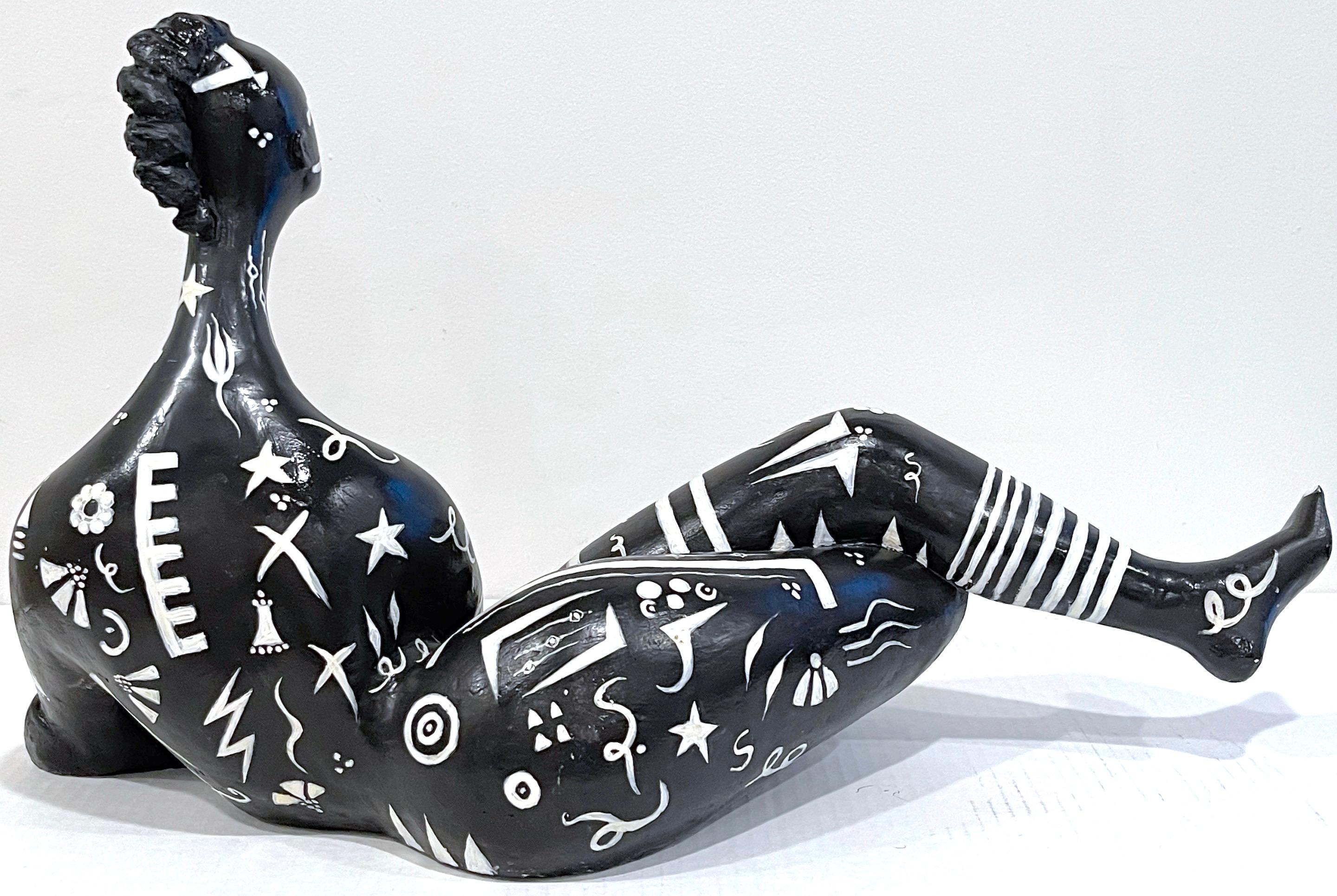 Modern Black & White Sculpture of a Reclining Tribal Tattooed African Queen For Sale 1