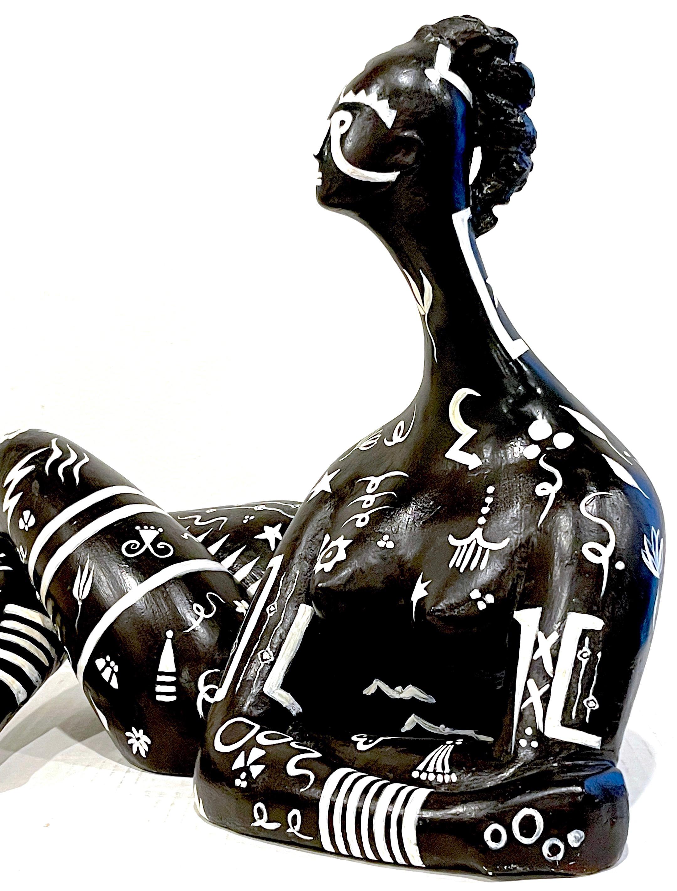 Modern Black & White Sculpture of a Reclining Tribal Tattooed African Queen For Sale 5