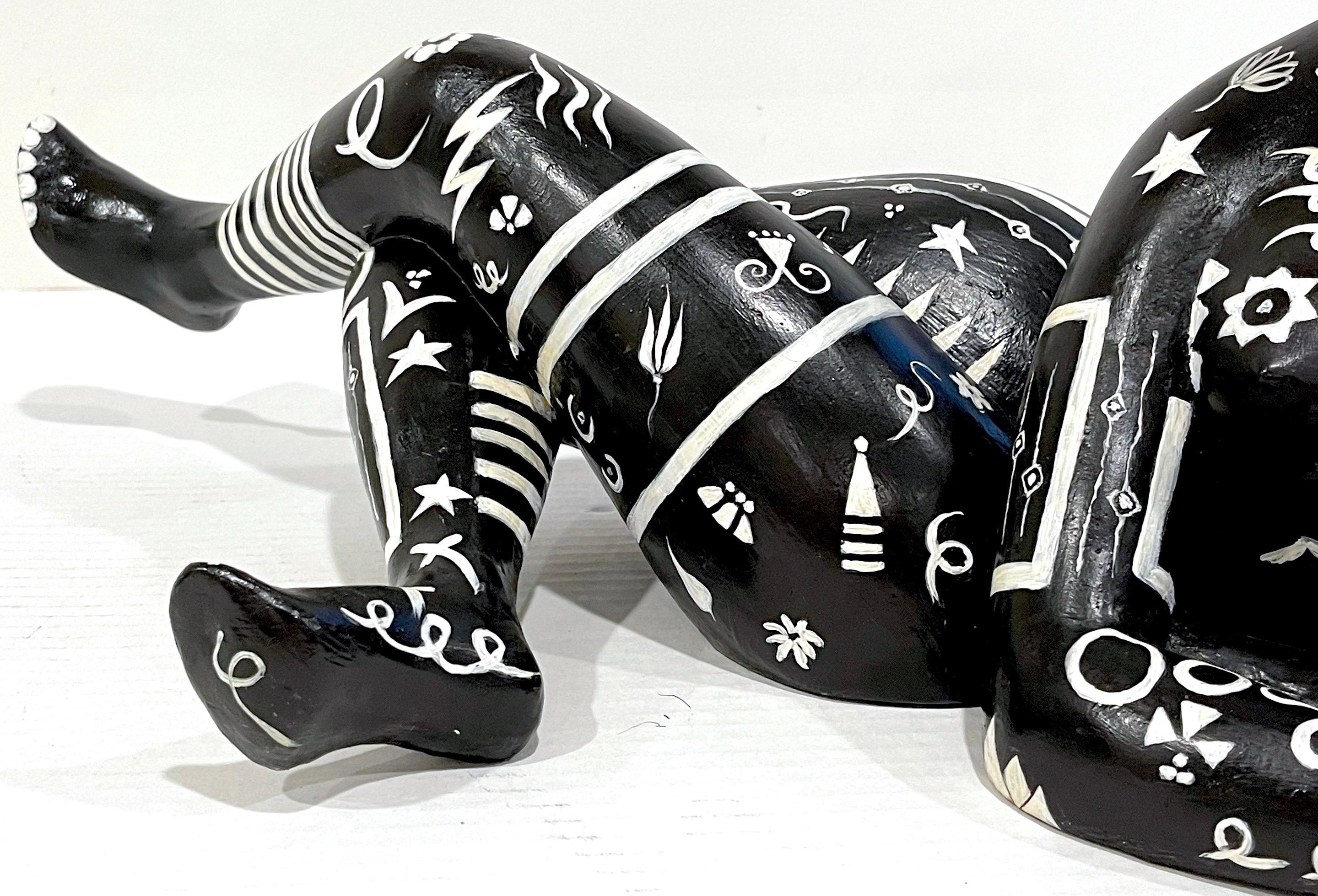 French Modern Black & White Sculpture of a Reclining Tribal Tattooed African Queen For Sale