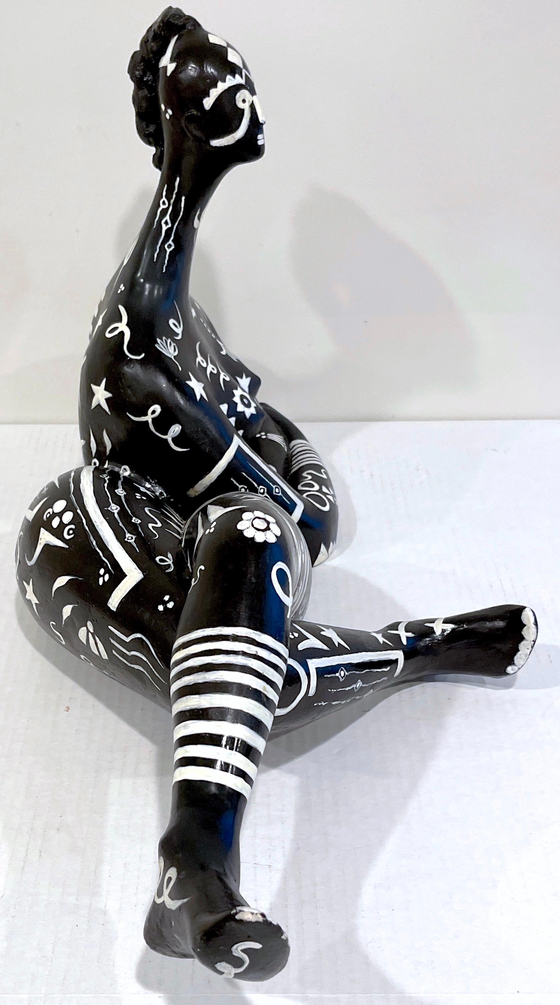 20th Century Modern Black & White Sculpture of a Reclining Tribal Tattooed African Queen For Sale