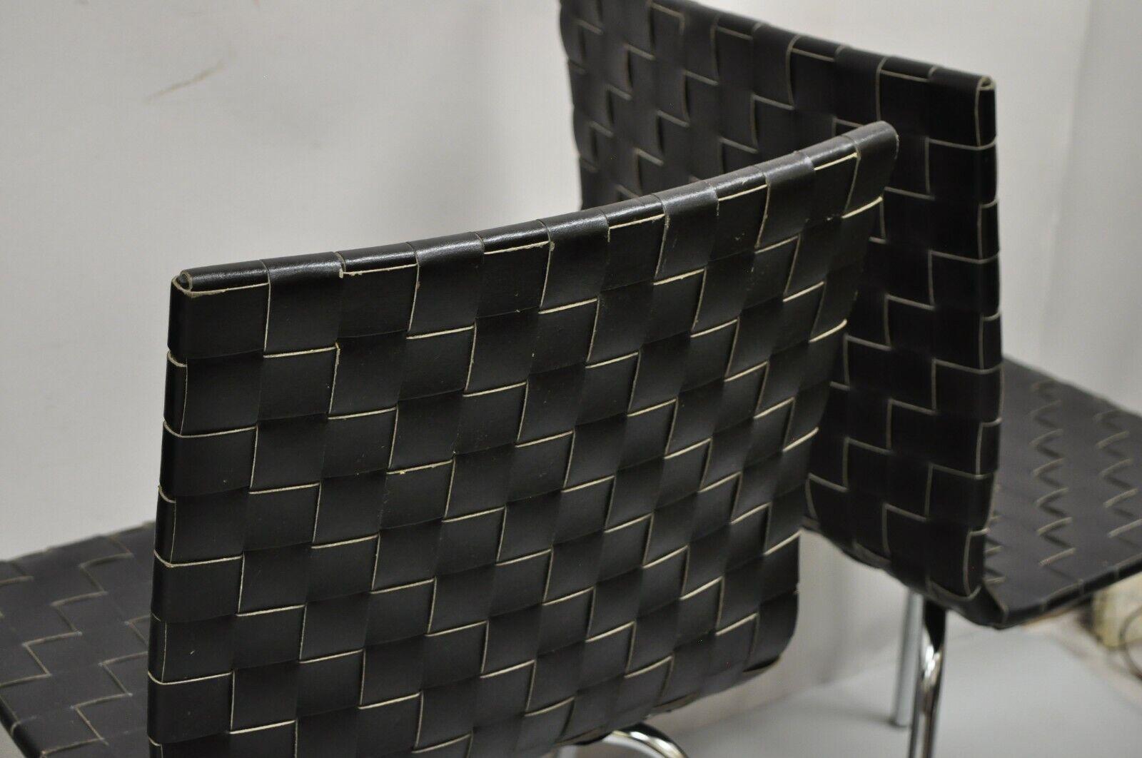 Modern Black Woven Leather Chrome Frame Dining Chairs - Set of 4 In Good Condition For Sale In Philadelphia, PA