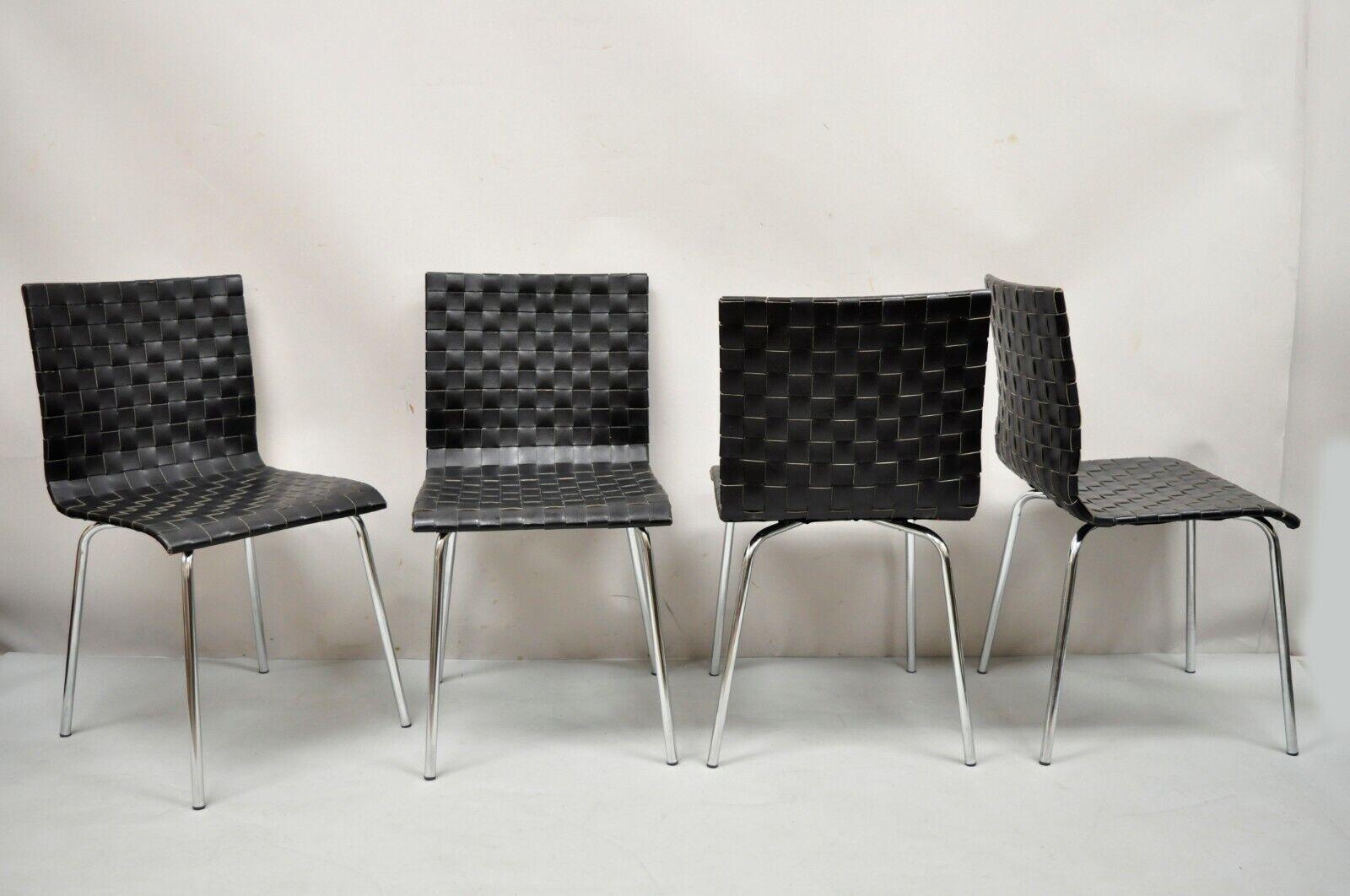 Modern Black Woven Leather Chrome Frame Dining Chairs - Set of 4 For Sale 1