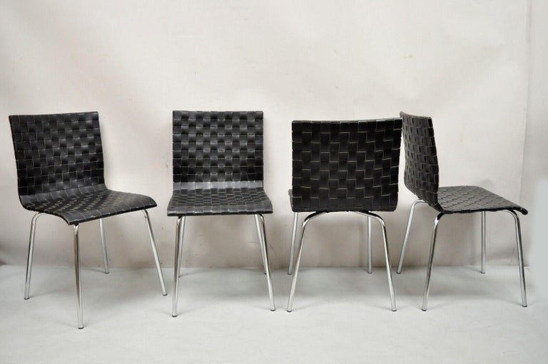 Modern Black Woven Leather Chrome Frame Dining Chairs - Set of 4 For Sale 4
