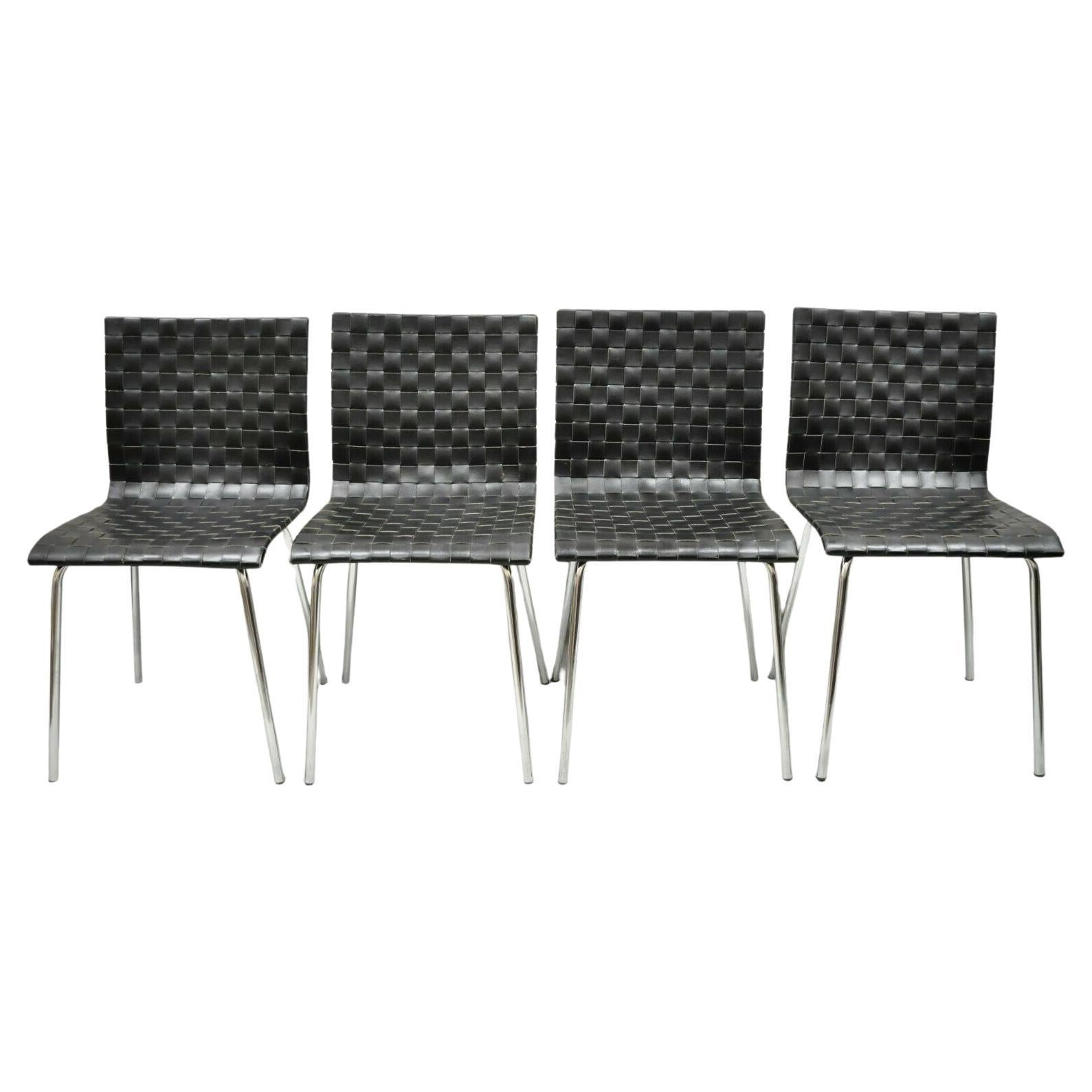 Modern Black Woven Leather Chrome Frame Dining Chairs - Set of 4 For Sale