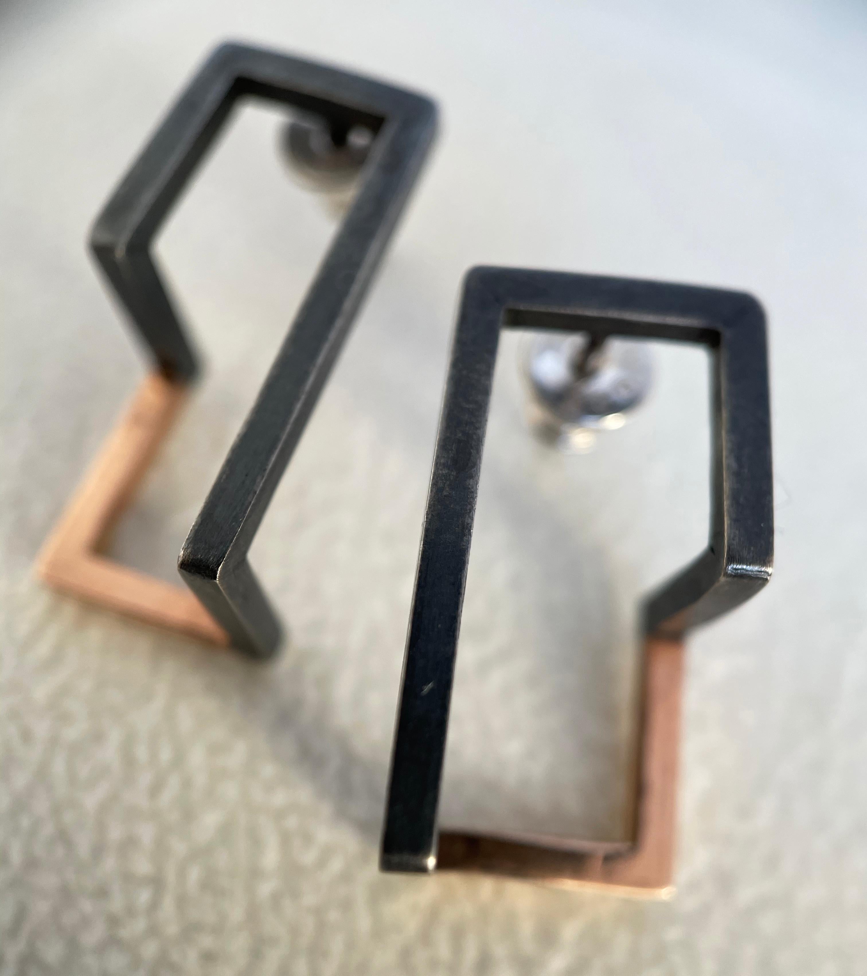 Contemporary Modern Blackened Silver and Gold Earrings Rectangular Earrings Gold Earrings For Sale