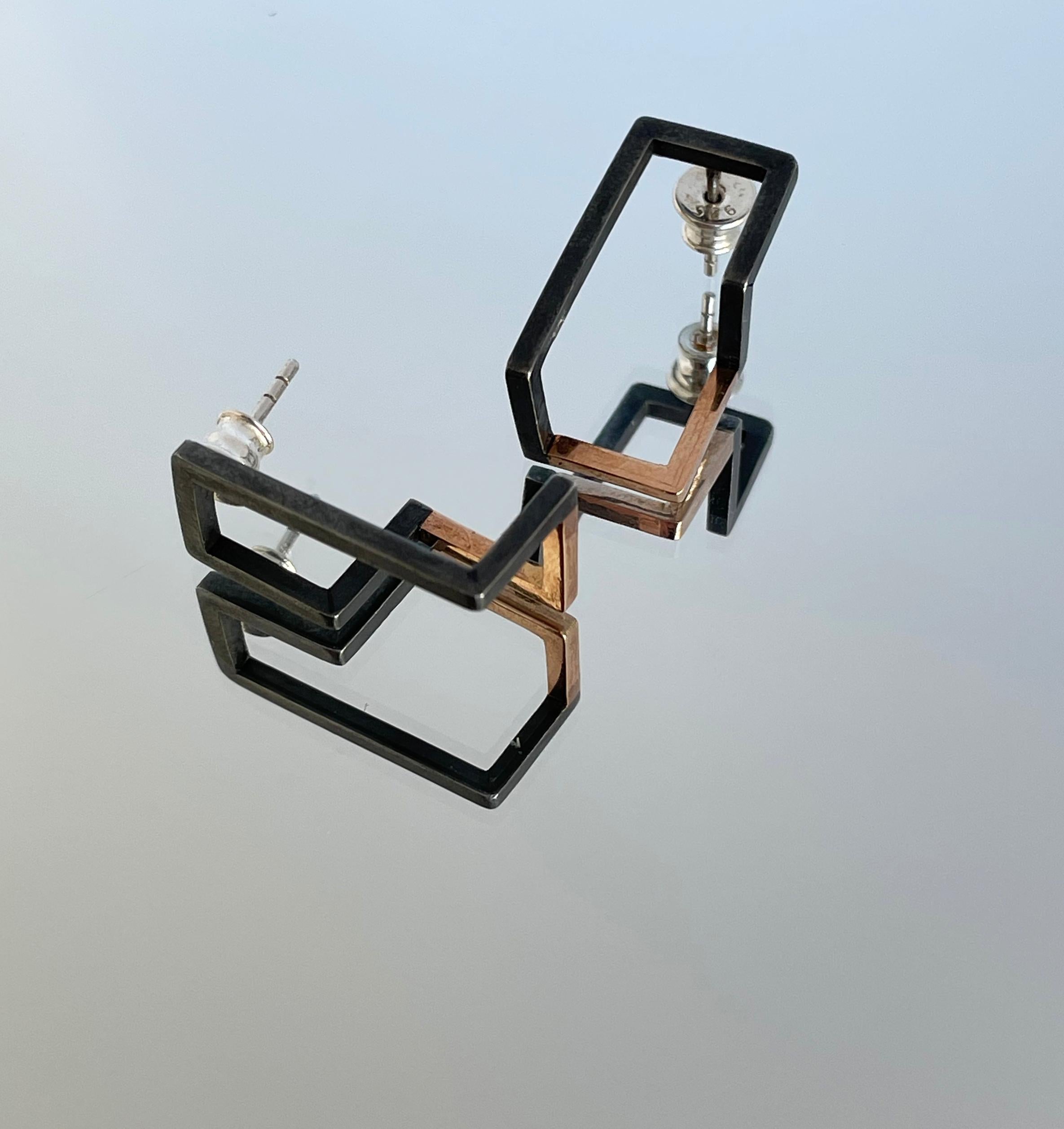 Modern Blackened Silver and Gold Earrings Rectangular Earrings Gold Earrings For Sale 1