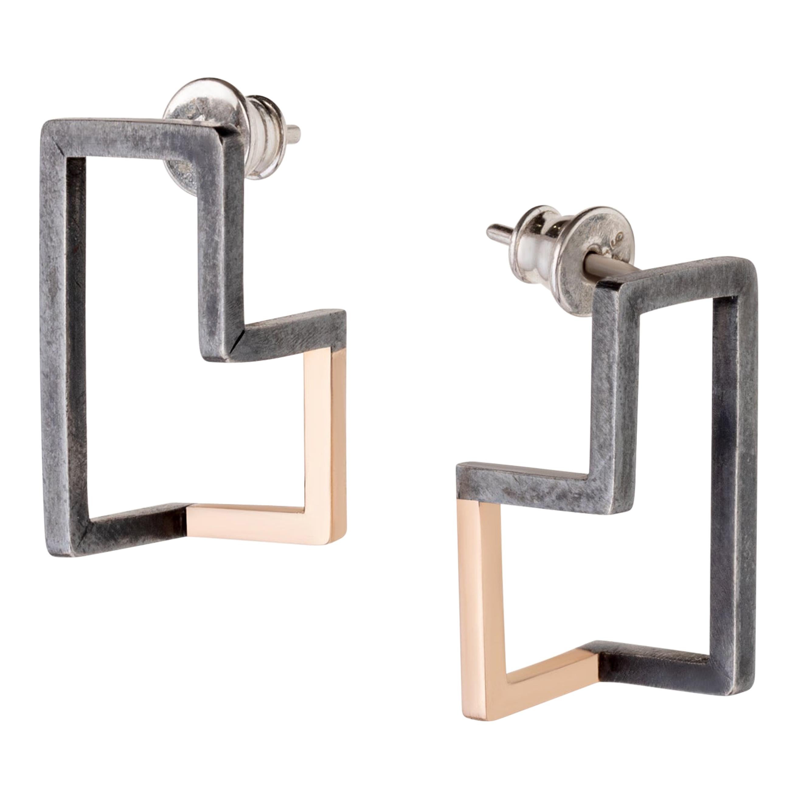 Modern Blackened Silver and Gold Earrings Rectangular Earrings Gold Earrings For Sale