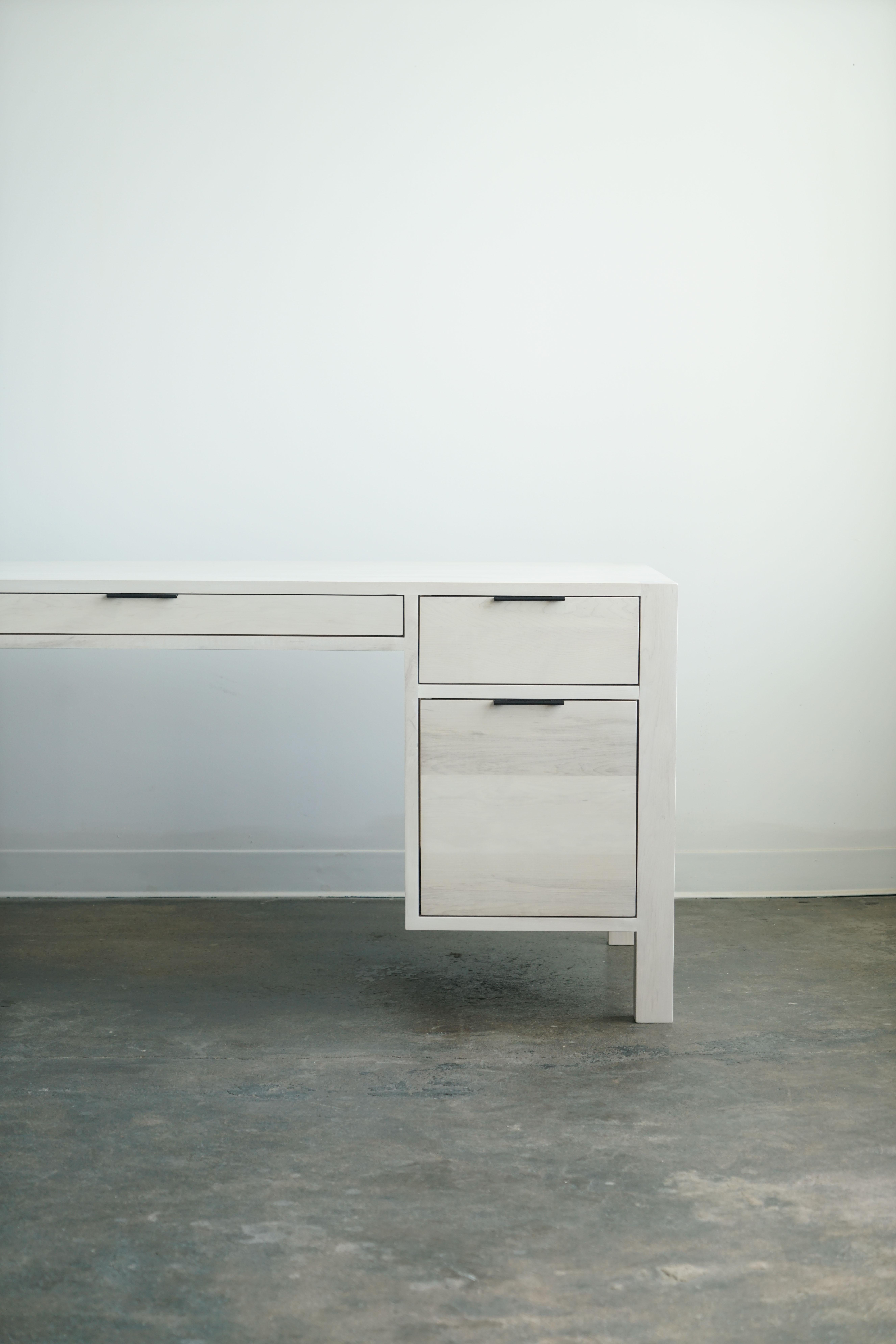 Minimalist Modern Bleached Maple Executive Desk with 5 Drawers, Made to Order For Sale