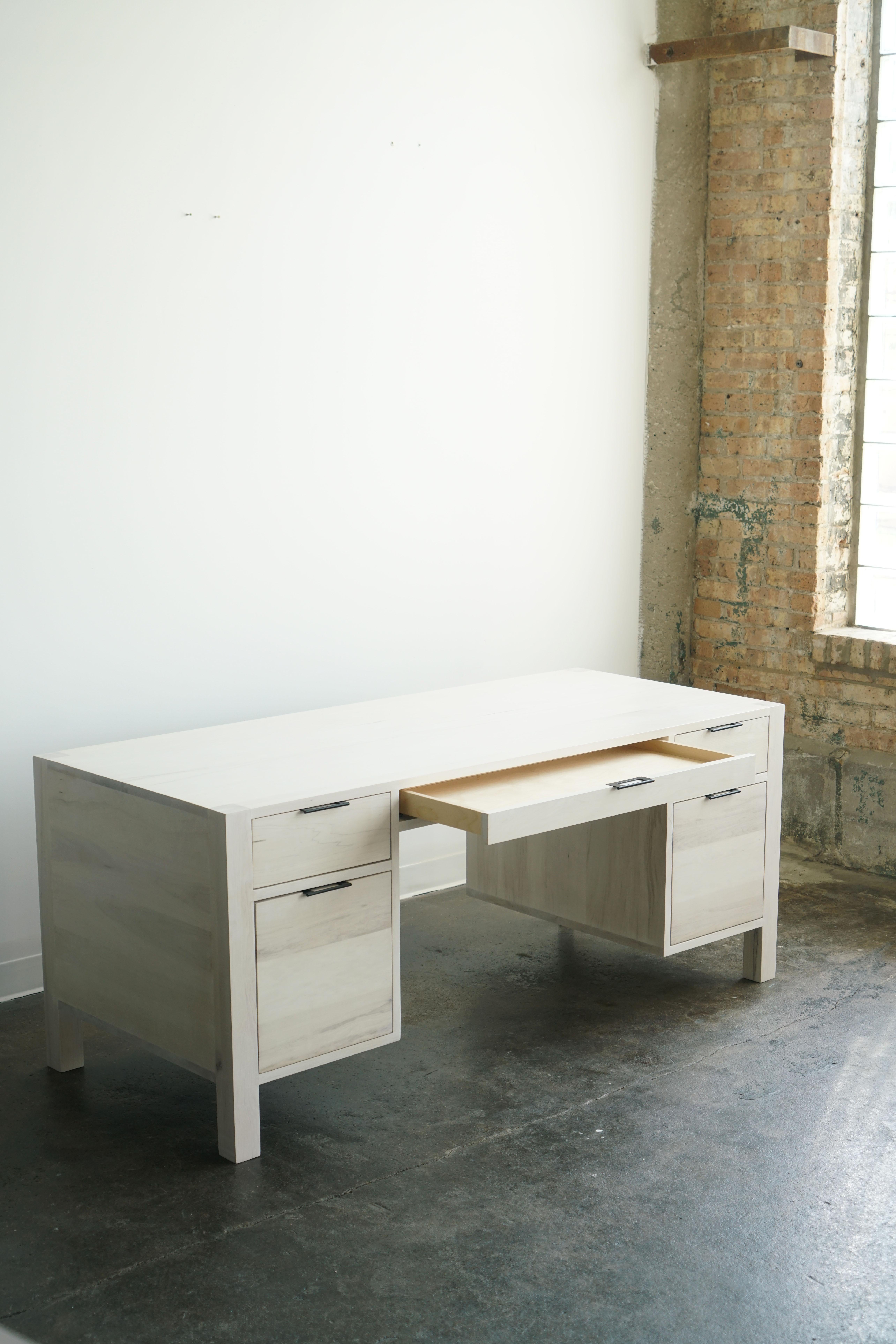 Contemporary Modern Bleached Maple Executive Desk with 5 Drawers, Made to Order For Sale